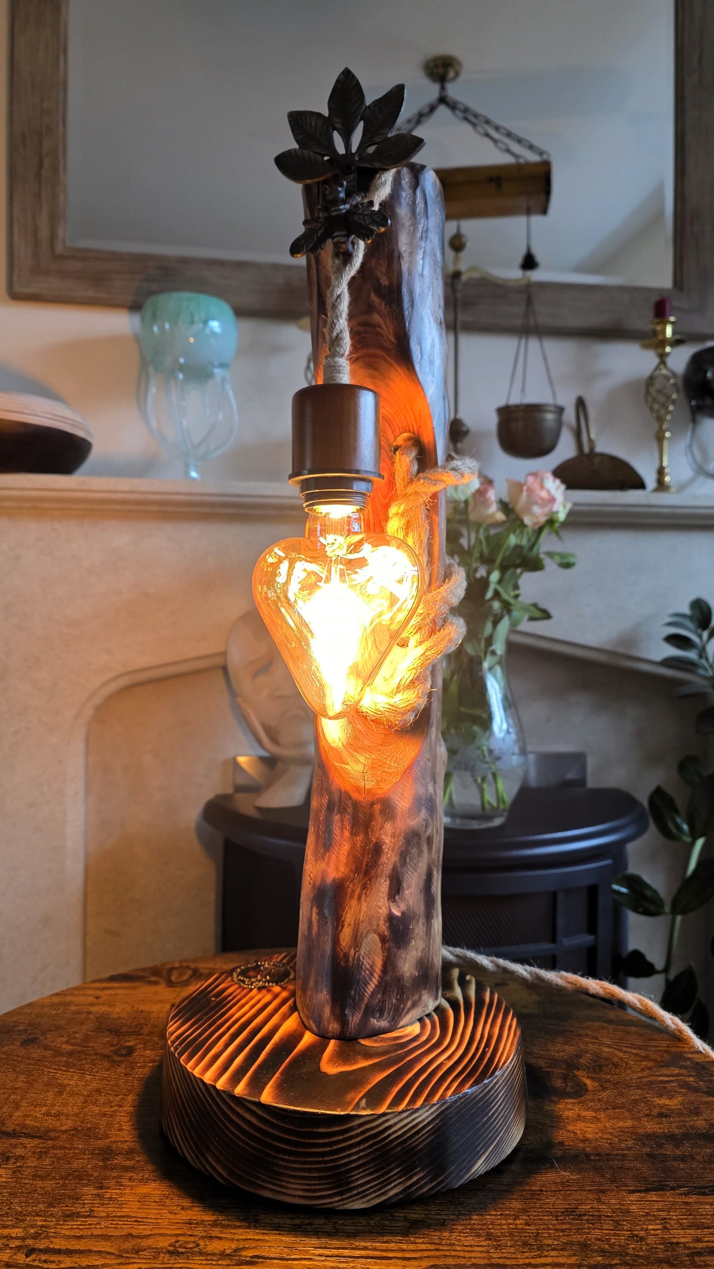 Rustic Wooden Heart Lamp with Leaf & Bee Detail 🌿🐝✨