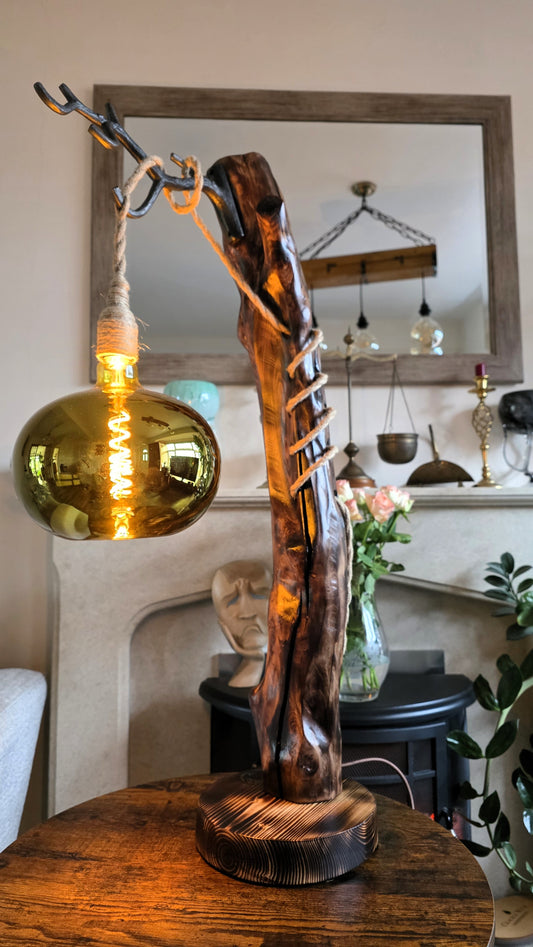 Handmade Rustic Wooden Lamp with Forged Iron Hook & Smoky Edison Bulb ✨