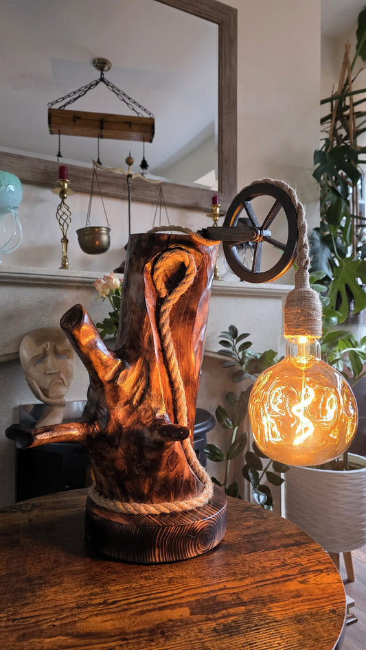 Handmade Rustic Wooden Lamp with Industrial Pulley Wheel ✨