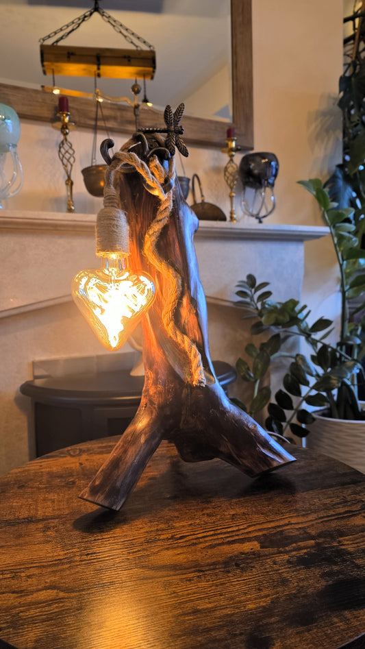 Handmade Wooden Lamp with Heart Bulb