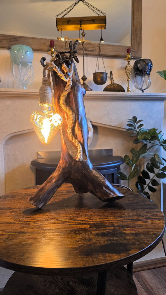 Handmade Wooden Lamp with Heart Bulb