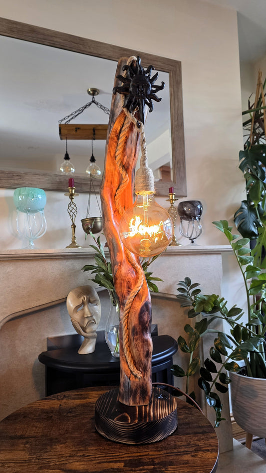 Handmade Rustic Wooden Lamp with Sun Ornament