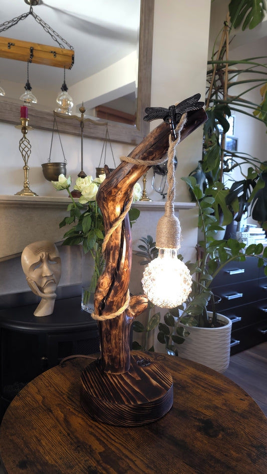 Rustic Apple Wood Dragonfly Lamp – Handmade Wooden Table Lamp with Crystal Globe Bulb