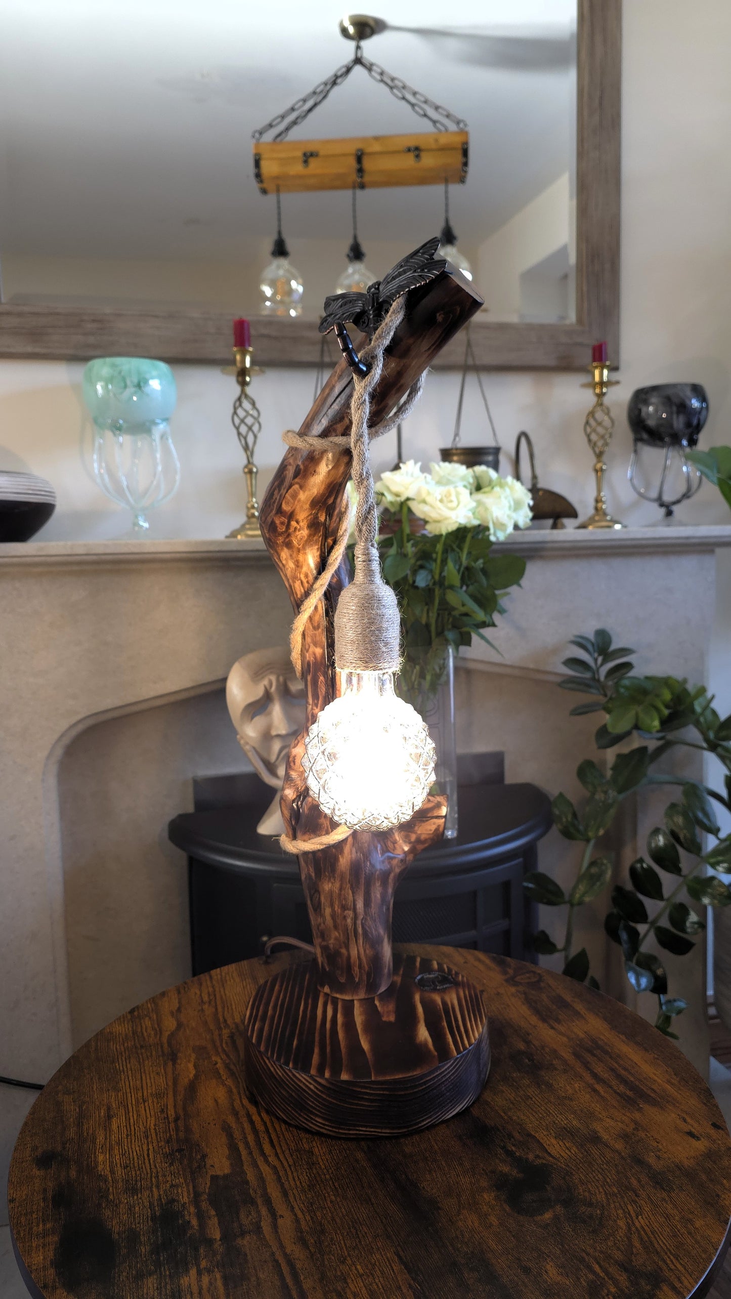 Rustic Apple Wood Dragonfly Lamp – Handmade Wooden Table Lamp with Crystal Globe Bulb