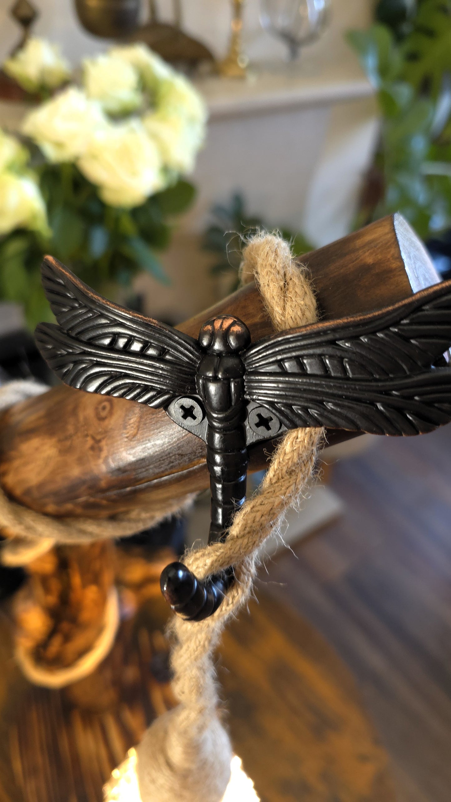 Rustic Apple Wood Dragonfly Lamp – Handmade Wooden Table Lamp with Crystal Globe Bulb