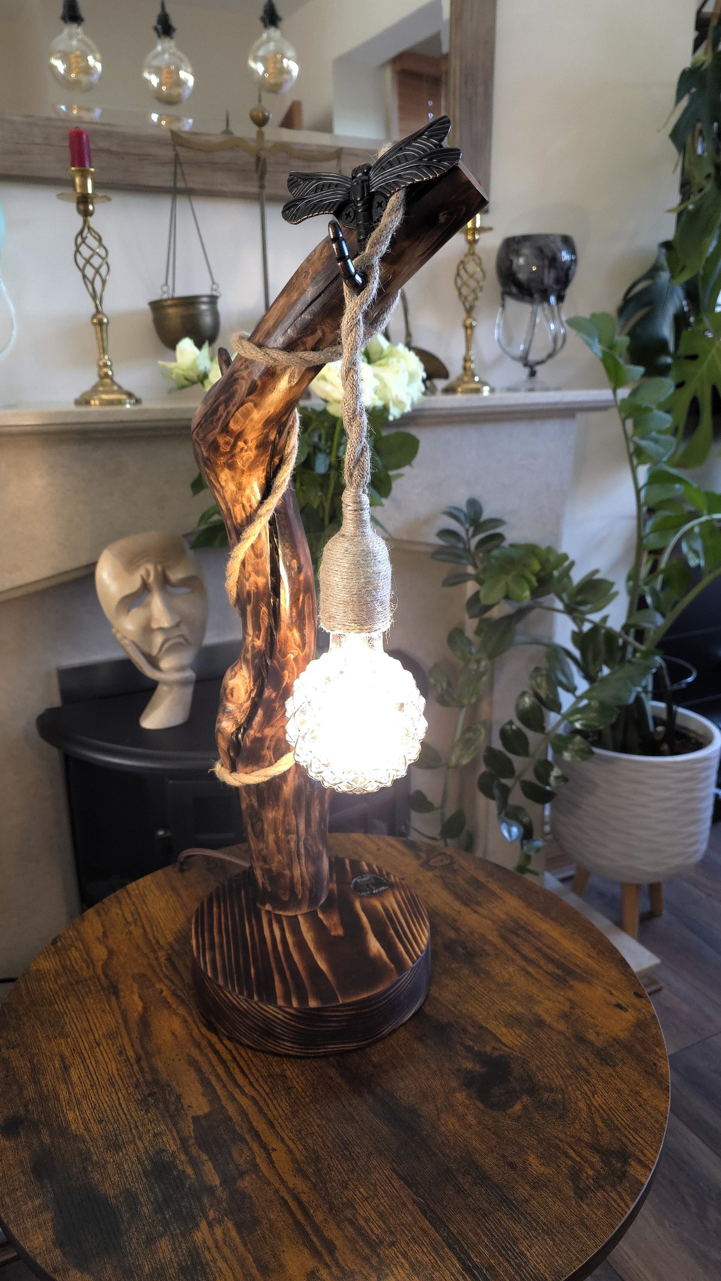 Rustic Apple Wood Dragonfly Lamp – Handmade Wooden Table Lamp with Crystal Globe Bulb