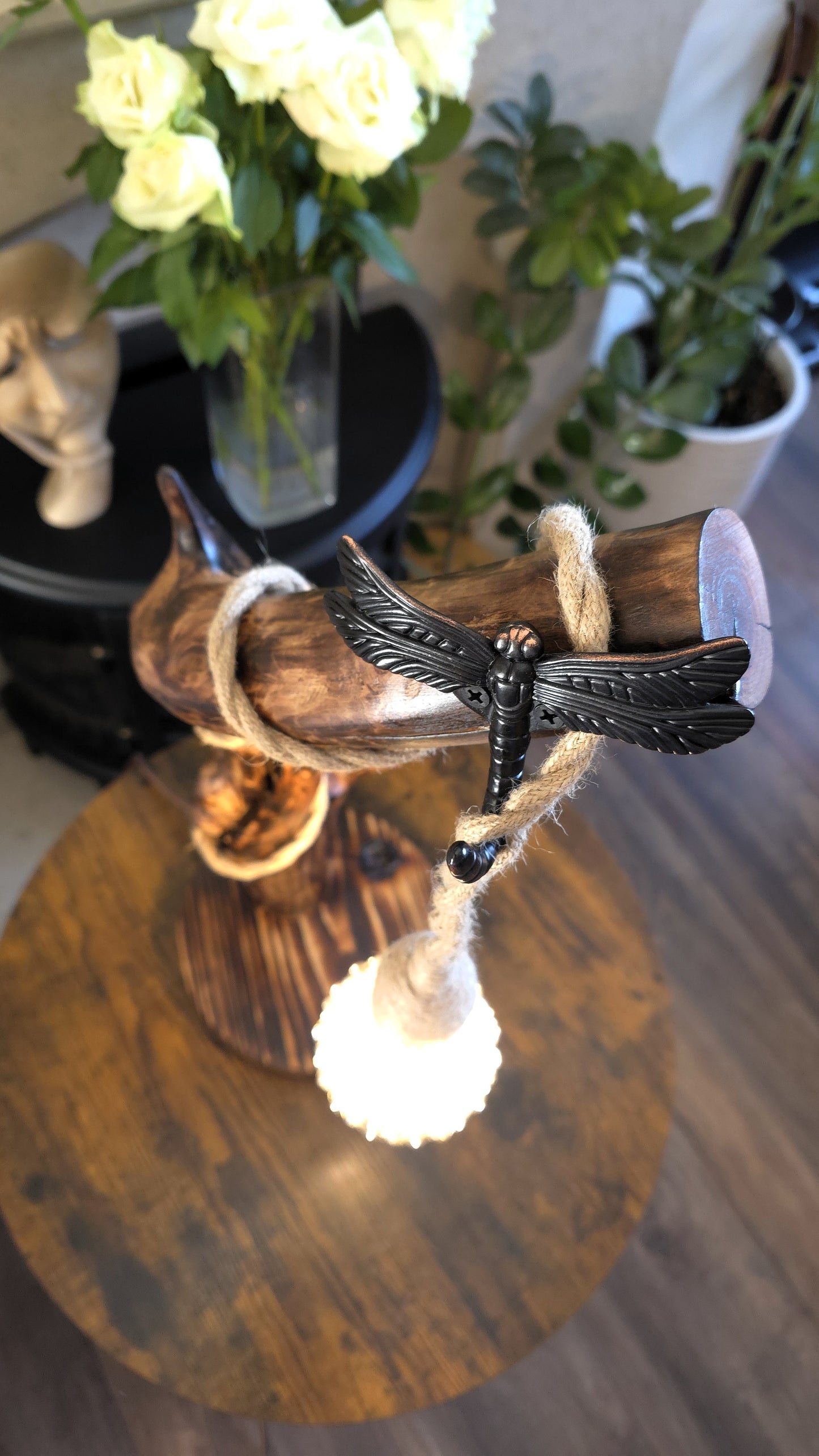 Rustic Apple Wood Dragonfly Lamp – Handmade Wooden Table Lamp with Crystal Globe Bulb