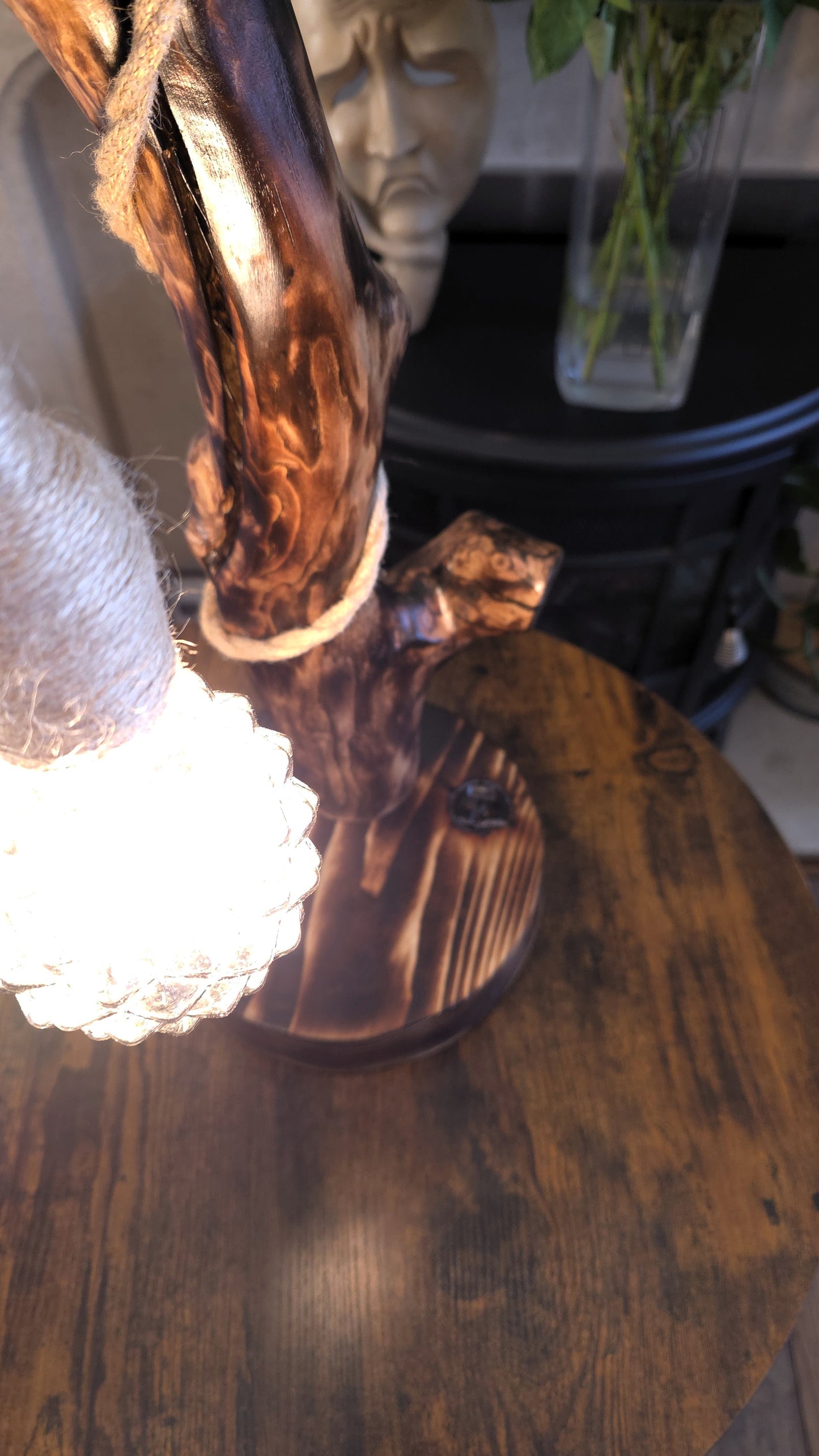 Rustic Apple Wood Dragonfly Lamp – Handmade Wooden Table Lamp with Crystal Globe Bulb