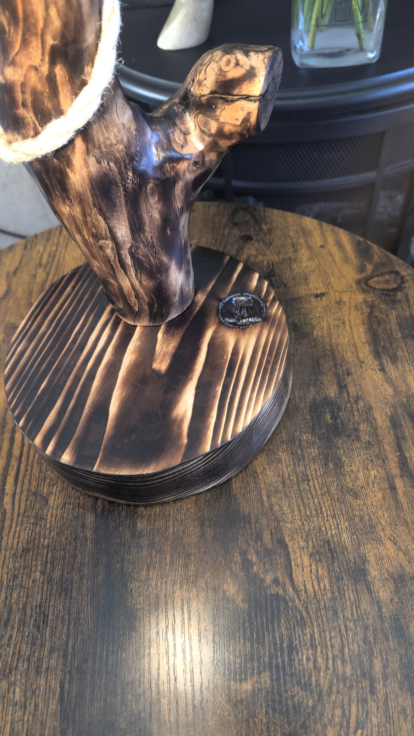 Rustic Apple Wood Dragonfly Lamp – Handmade Wooden Table Lamp with Crystal Globe Bulb