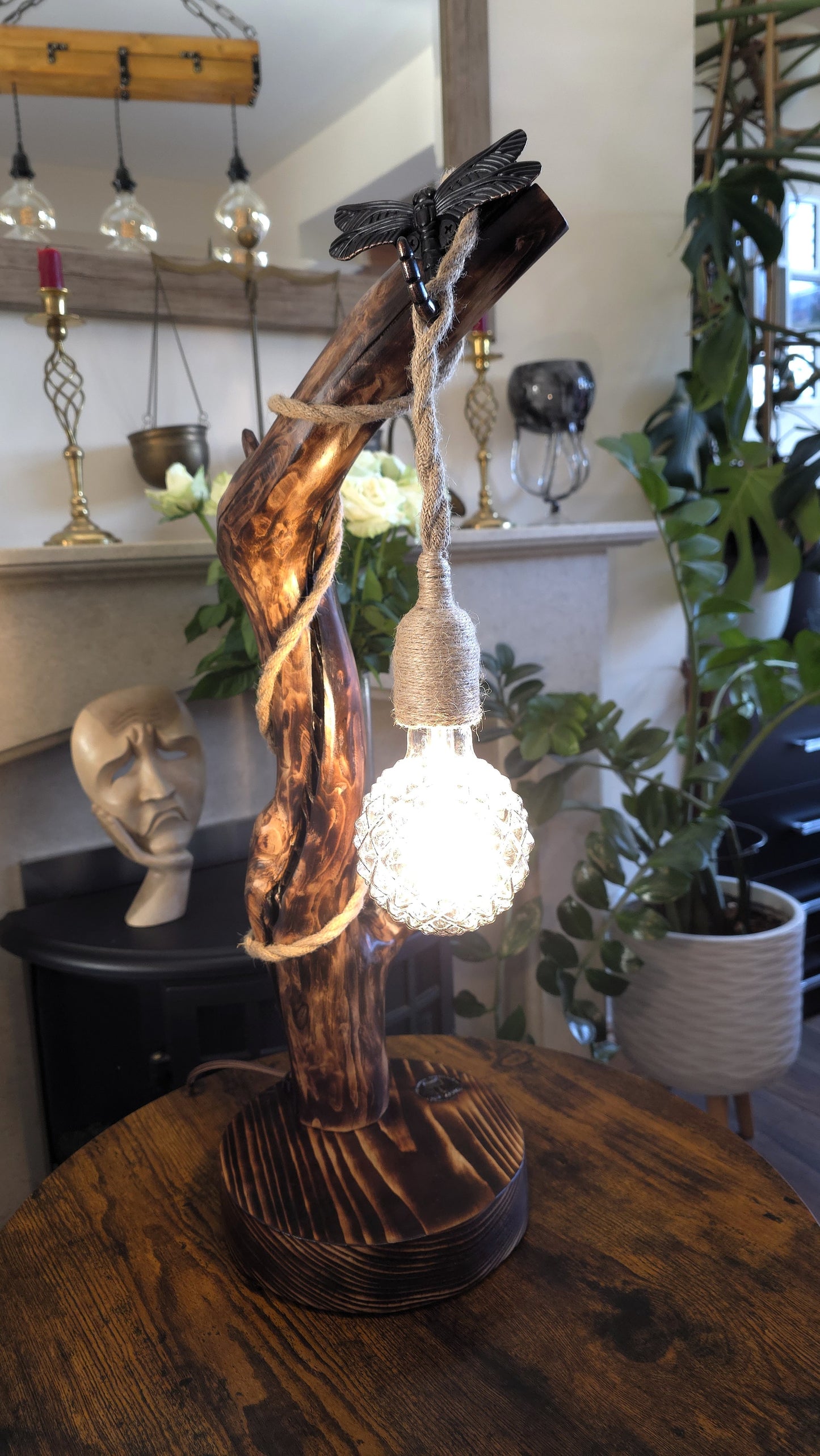 Rustic Apple Wood Dragonfly Lamp – Handmade Wooden Table Lamp with Crystal Globe Bulb
