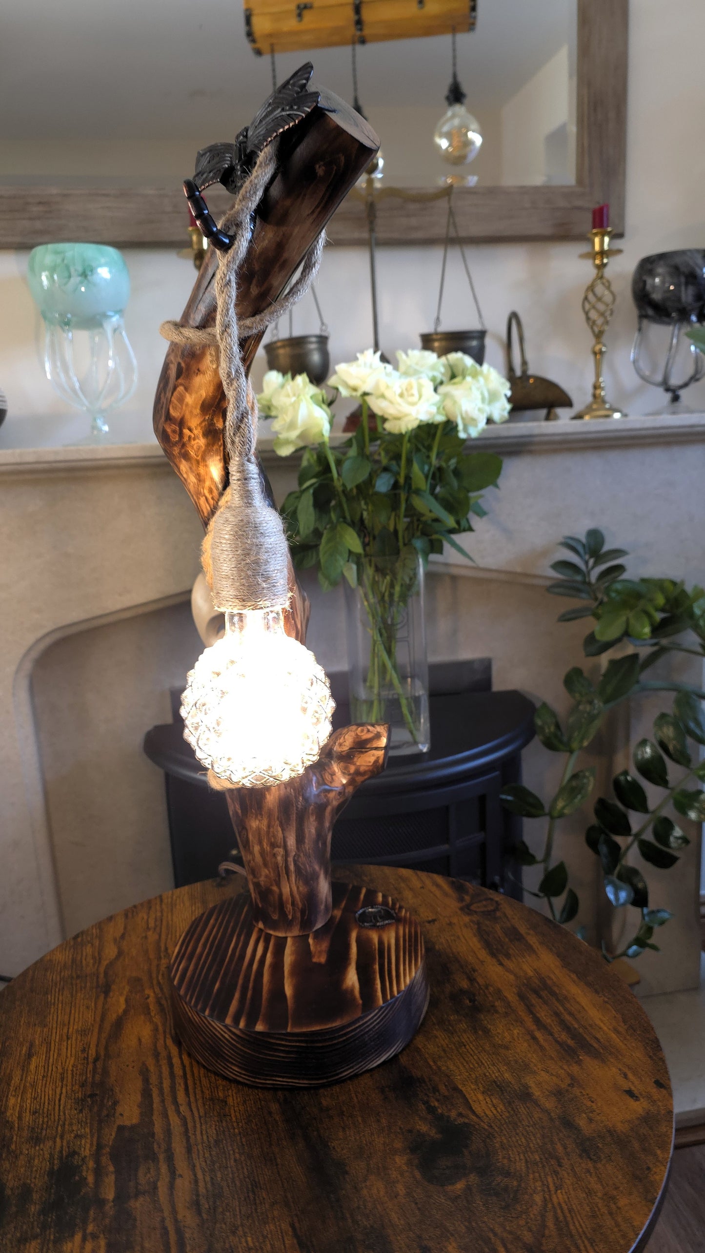Rustic Apple Wood Dragonfly Lamp – Handmade Wooden Table Lamp with Crystal Globe Bulb