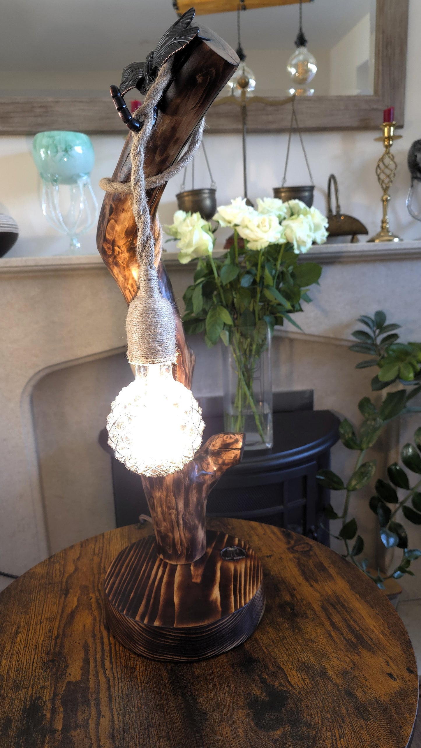 Rustic Apple Wood Dragonfly Lamp – Handmade Wooden Table Lamp with Crystal Globe Bulb