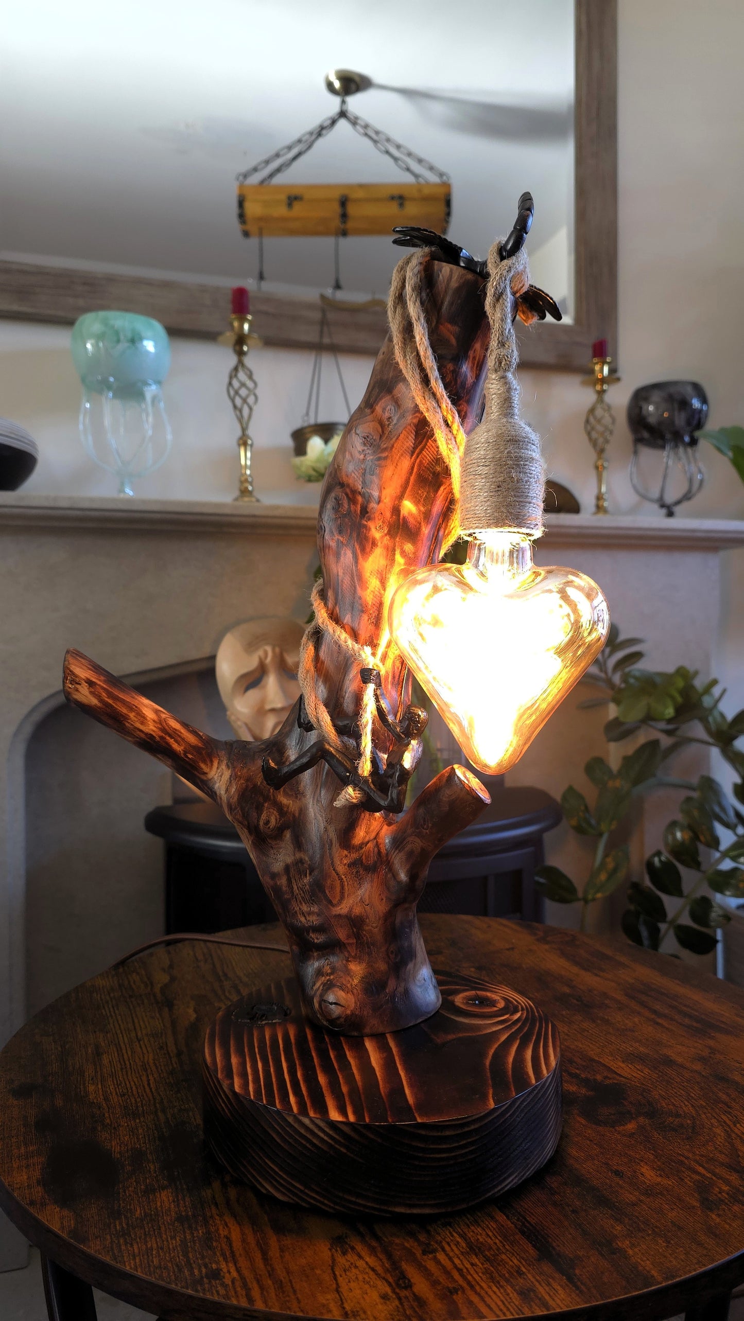 Handcrafted Apple Wood Heart Lamp – Rustic Wooden Lamp with Climbing Figure & Heart Bulb