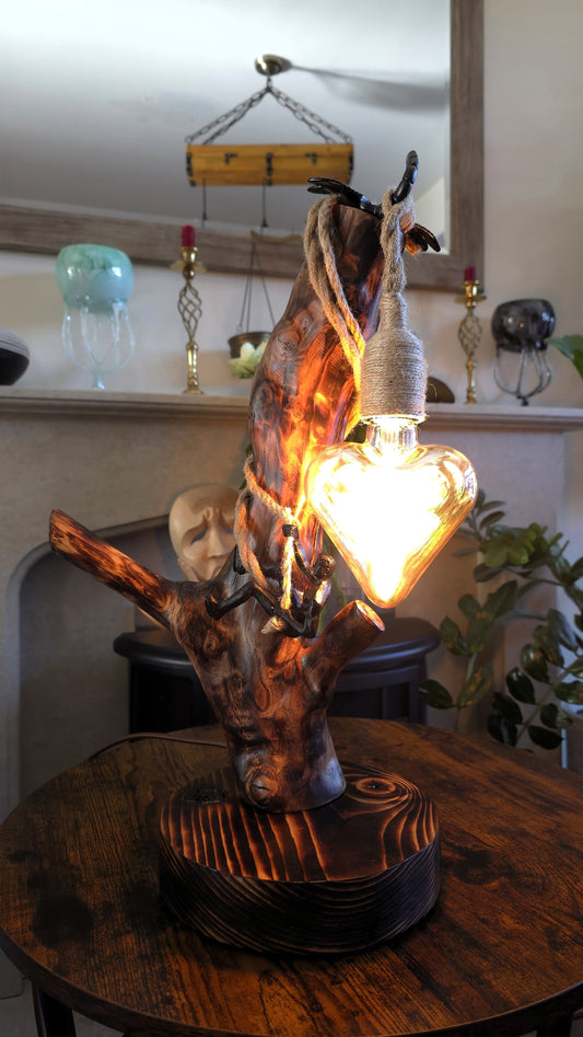 Handcrafted Apple Wood Heart Lamp – Rustic Wooden Lamp with Climbing Figure & Heart Bulb