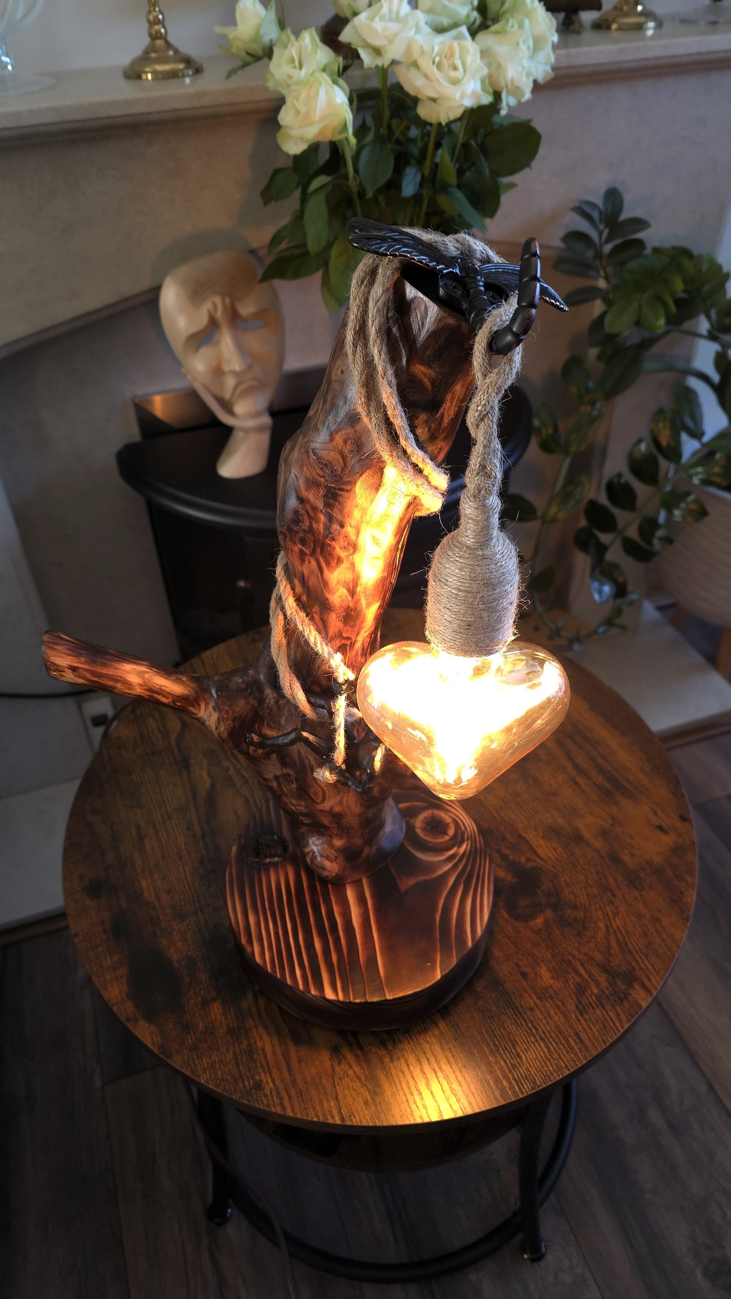 Handcrafted Apple Wood Heart Lamp – Rustic Wooden Lamp with Climbing Figure & Heart Bulb