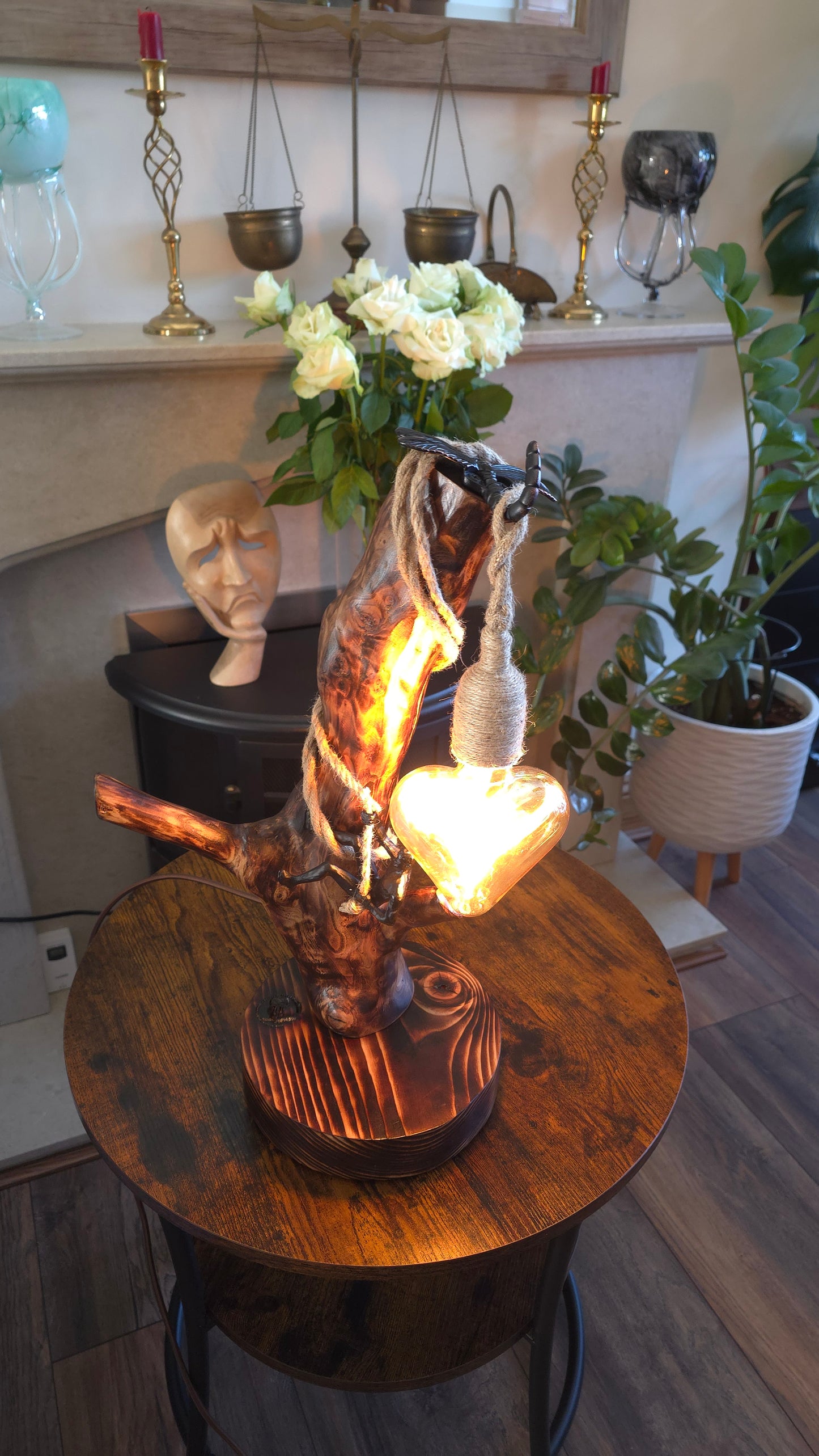 Handcrafted Apple Wood Heart Lamp – Rustic Wooden Lamp with Climbing Figure & Heart Bulb