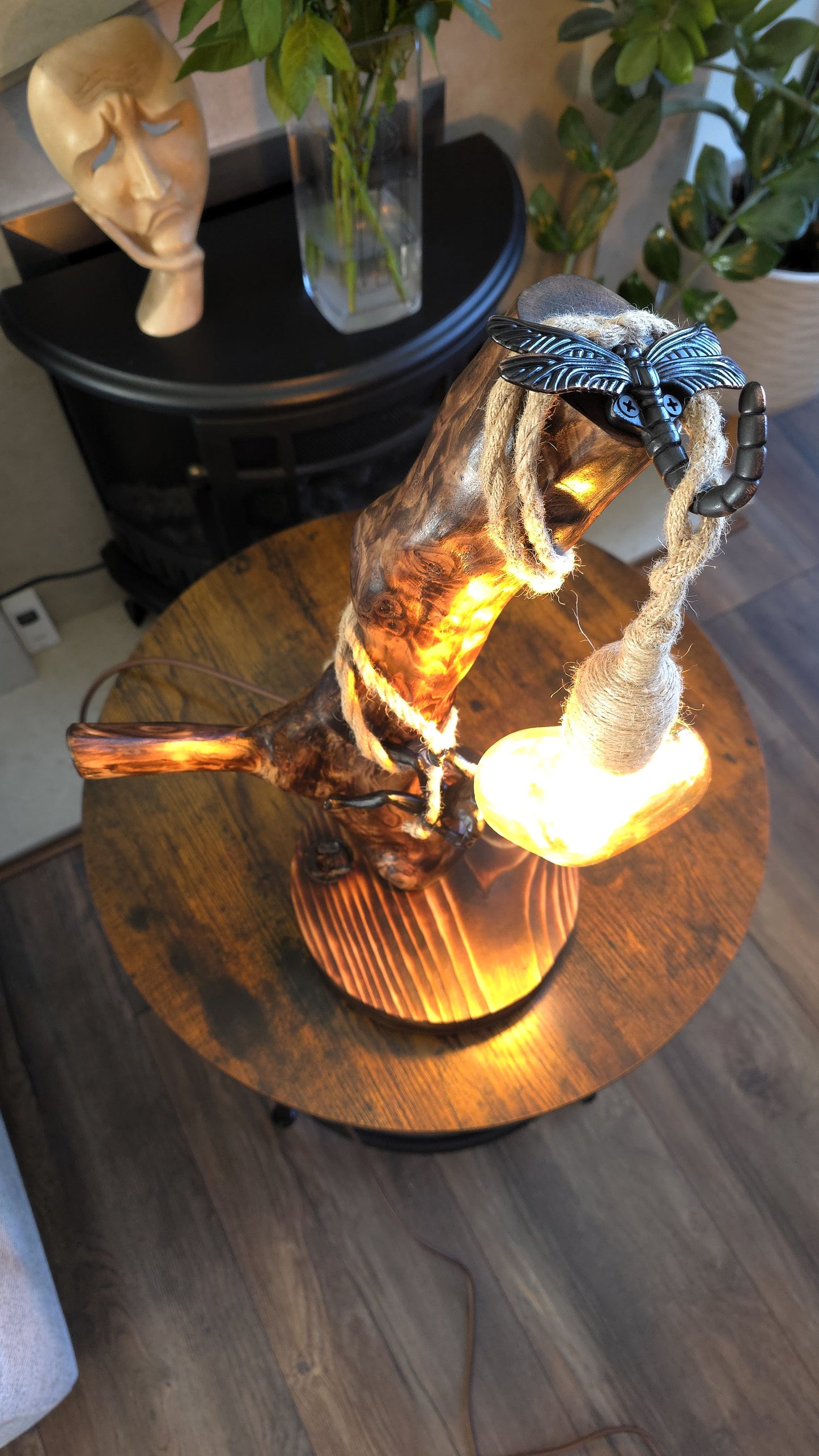 Handcrafted Apple Wood Heart Lamp – Rustic Wooden Lamp with Climbing Figure & Heart Bulb