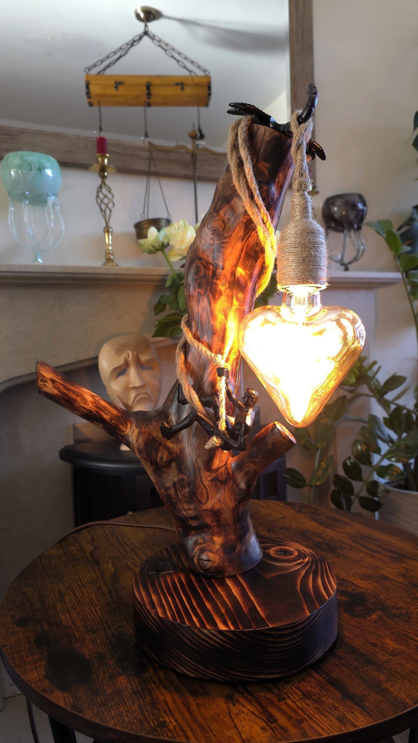 Handcrafted Apple Wood Heart Lamp – Rustic Wooden Lamp with Climbing Figure & Heart Bulb