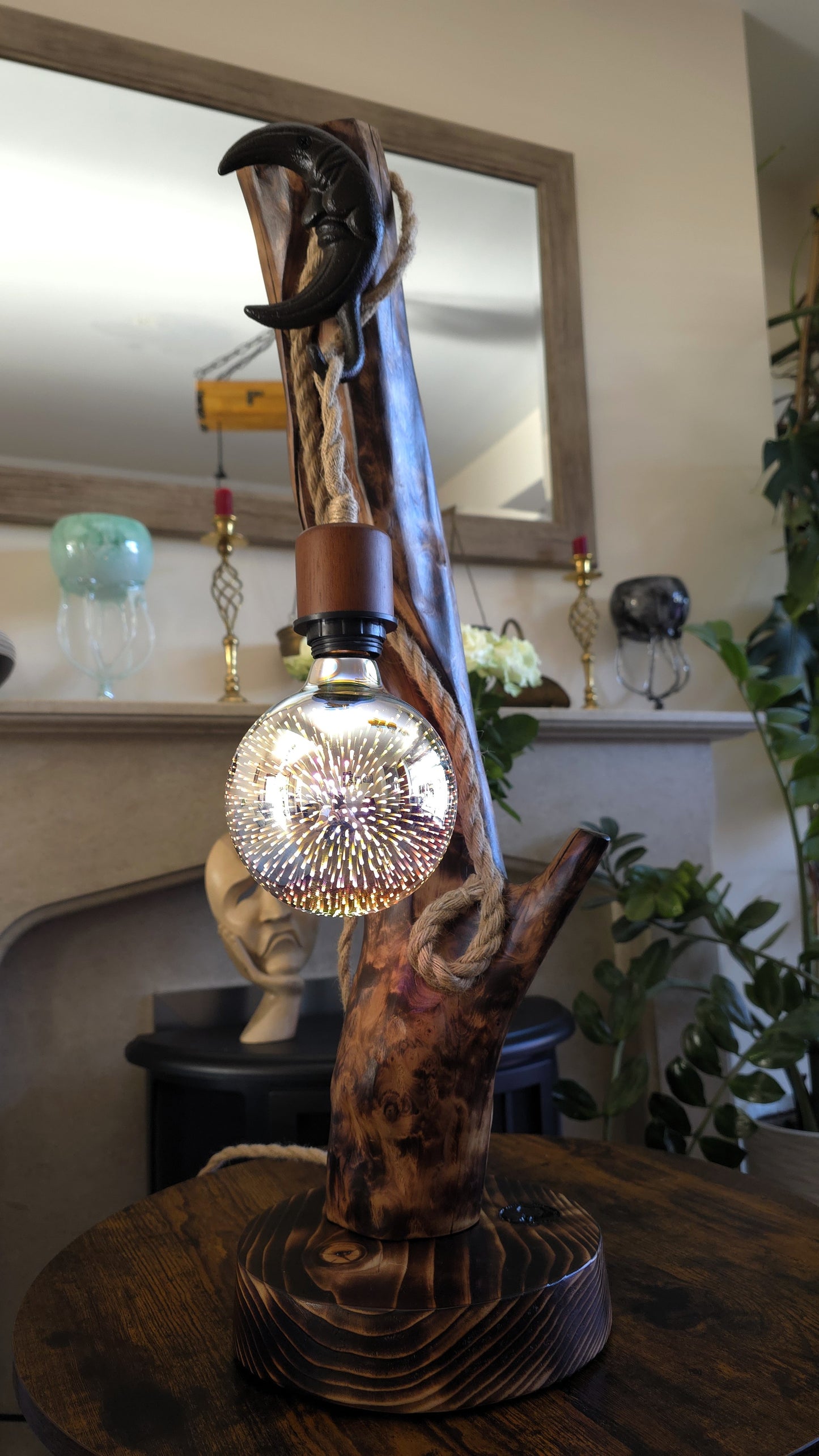 Rustic Apple Wood Moon Lamp – Handmade Wooden Table Lamp with Edison Globe Bulb