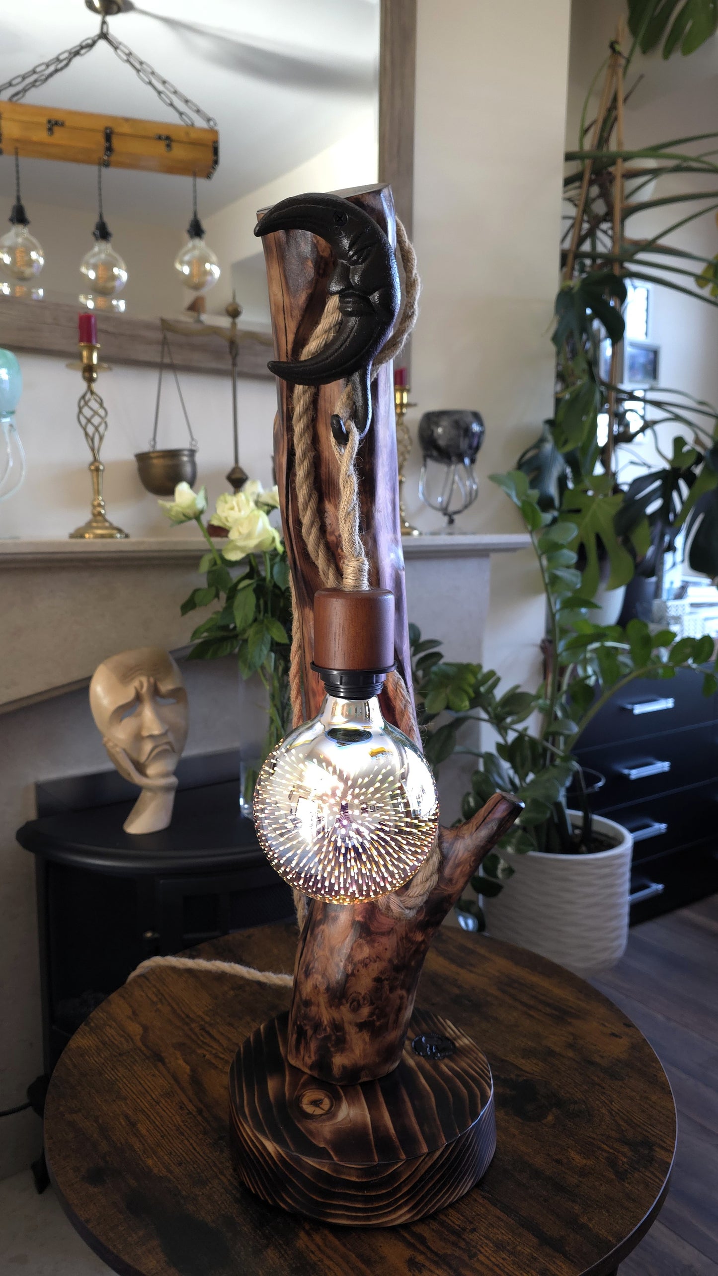 Rustic Apple Wood Moon Lamp – Handmade Wooden Table Lamp with Edison Globe Bulb