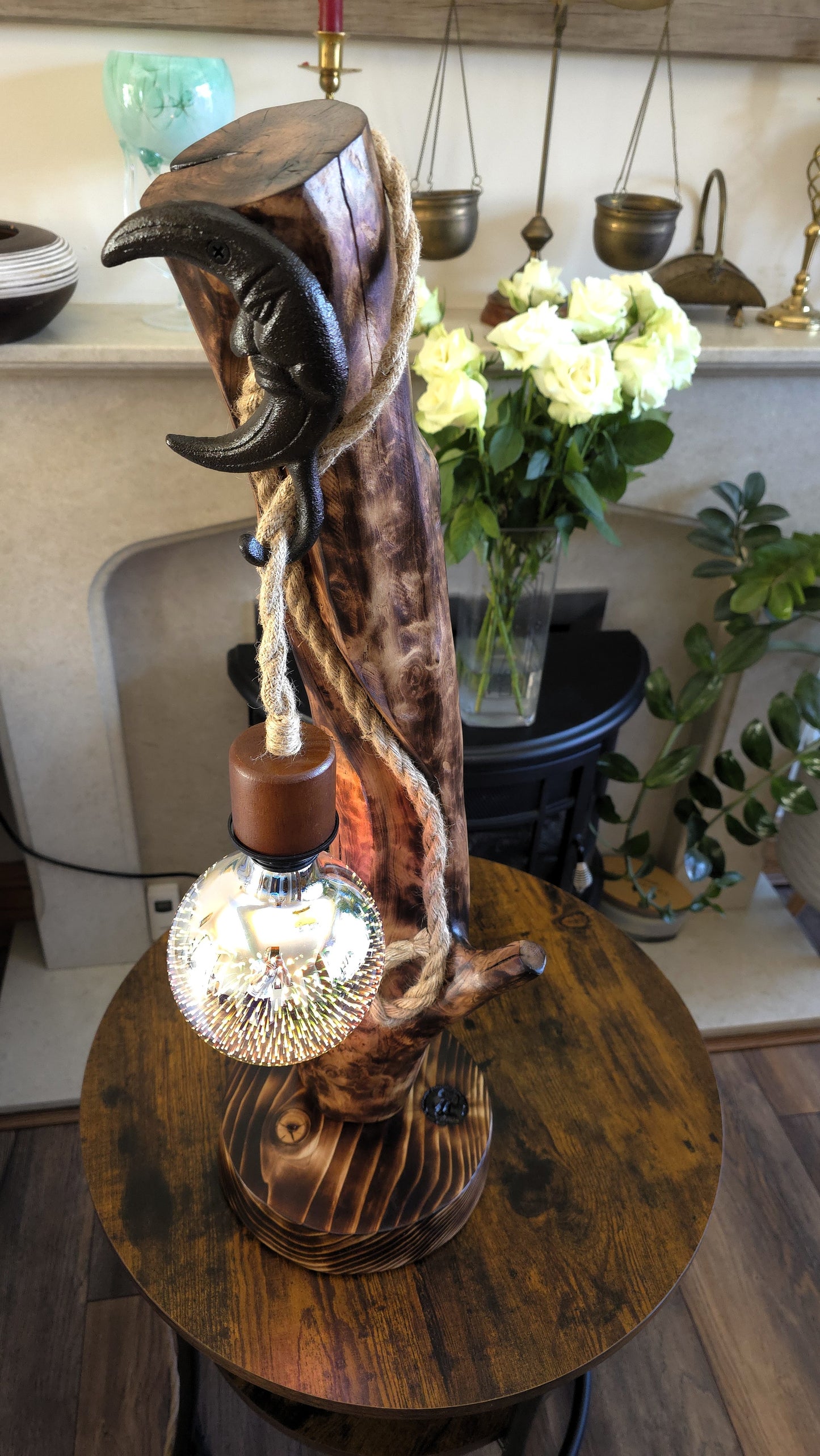 Rustic Apple Wood Moon Lamp – Handmade Wooden Table Lamp with Edison Globe Bulb