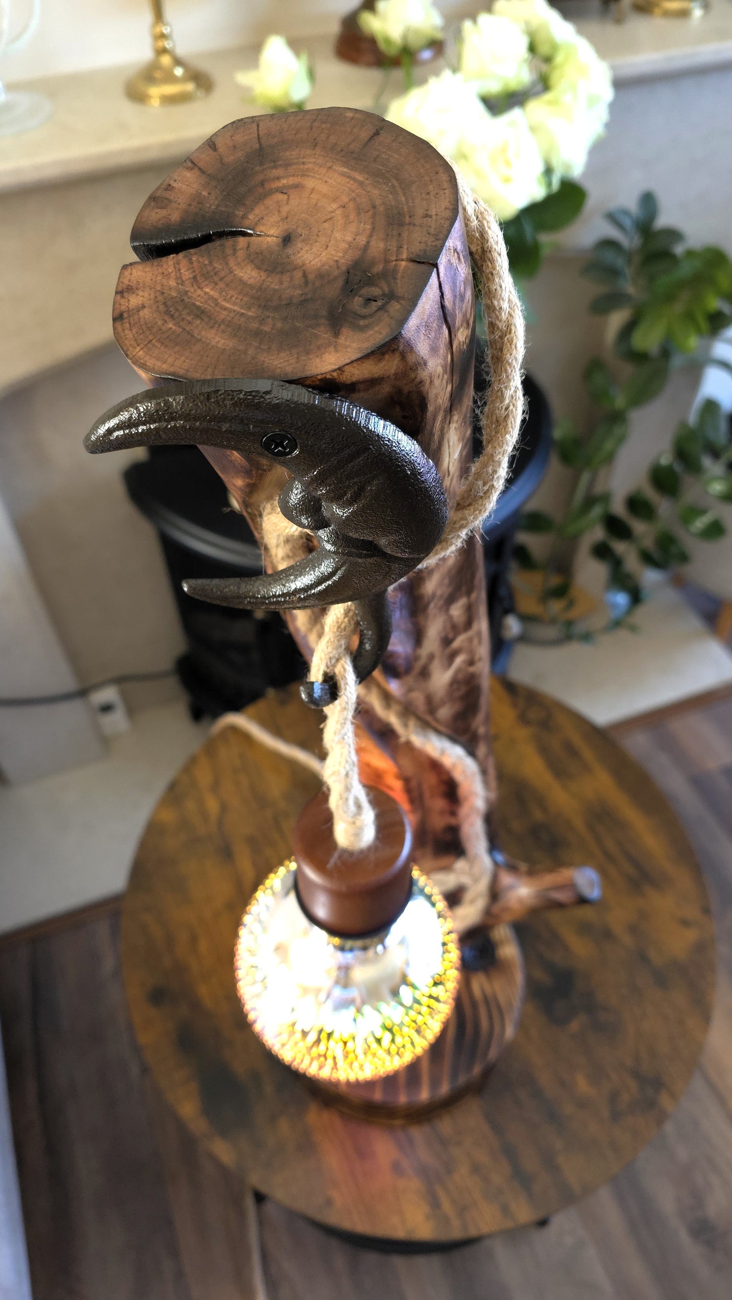 Rustic Apple Wood Moon Lamp – Handmade Wooden Table Lamp with Edison Globe Bulb