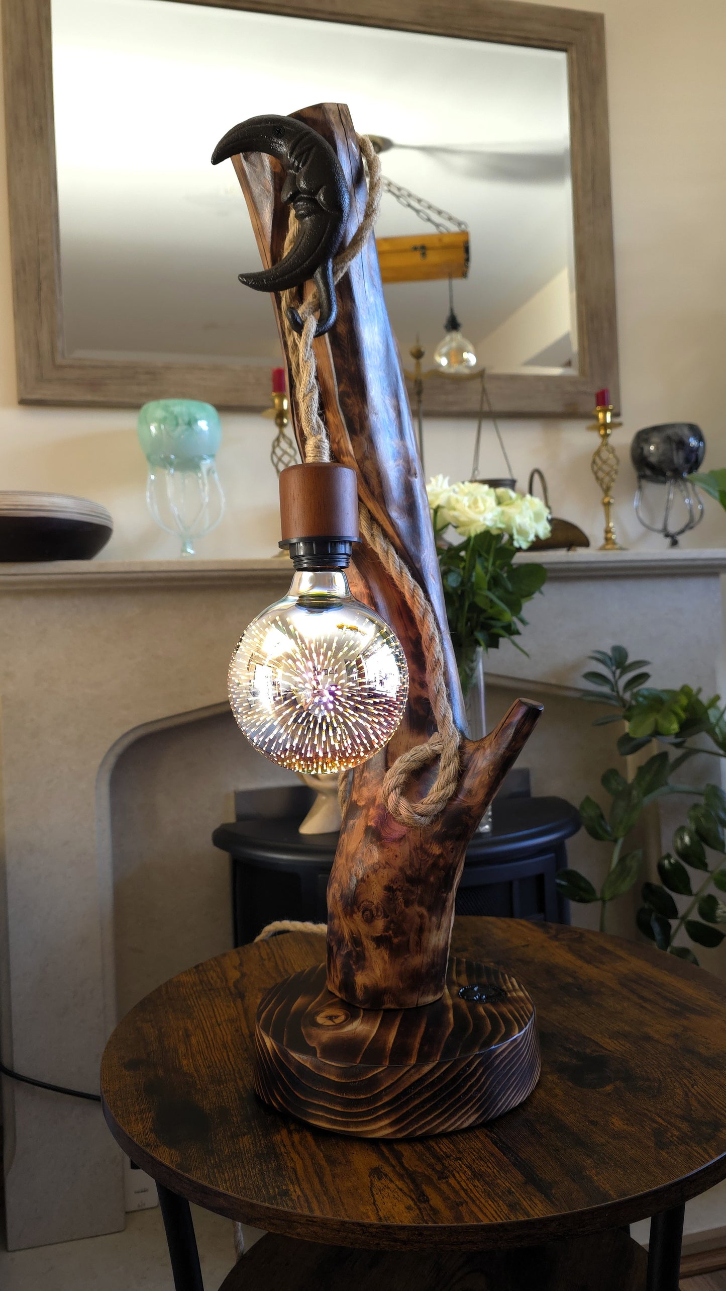 Rustic Apple Wood Moon Lamp – Handmade Wooden Table Lamp with Edison Globe Bulb