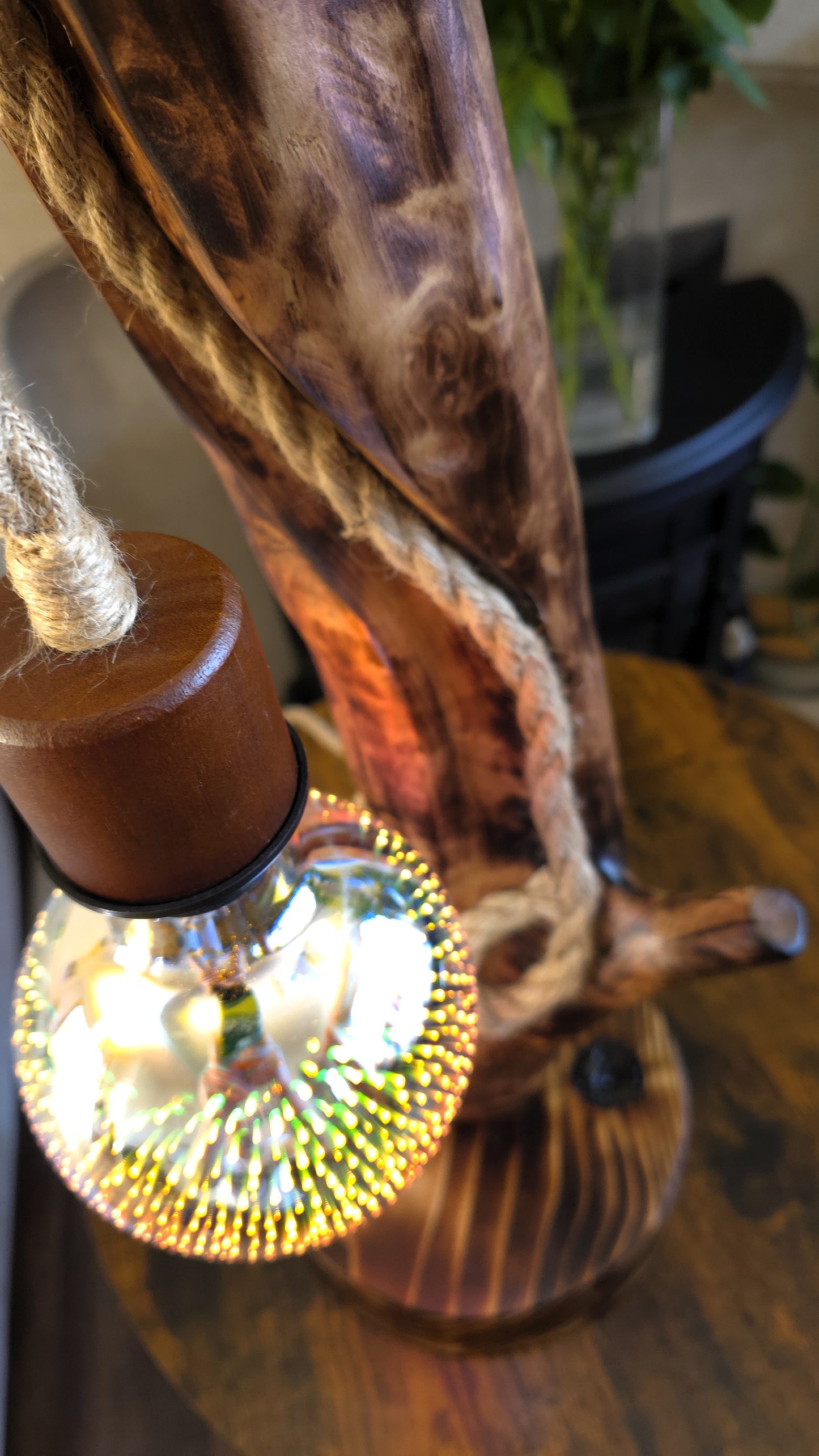 Rustic Apple Wood Moon Lamp – Handmade Wooden Table Lamp with Edison Globe Bulb