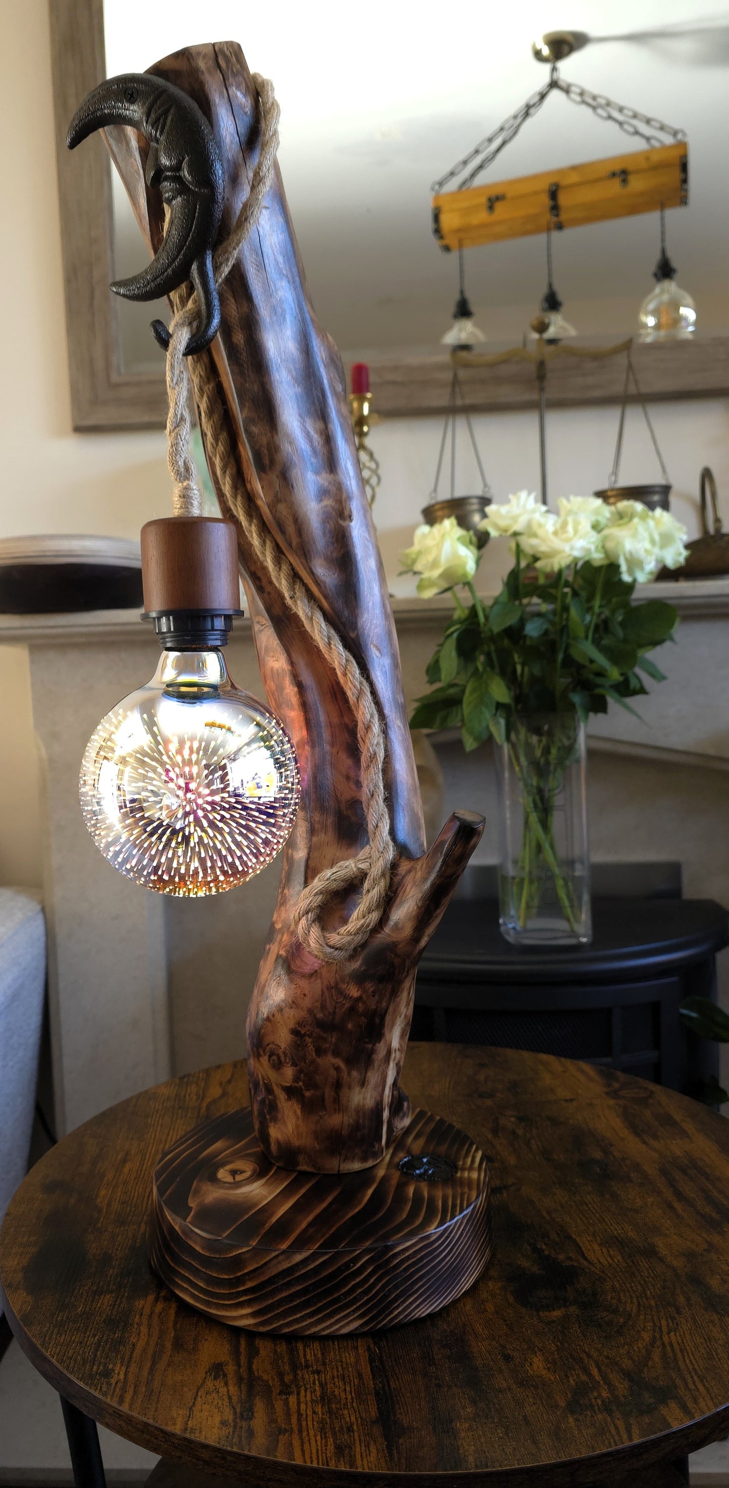 Rustic Apple Wood Moon Lamp – Handmade Wooden Table Lamp with Edison Globe Bulb