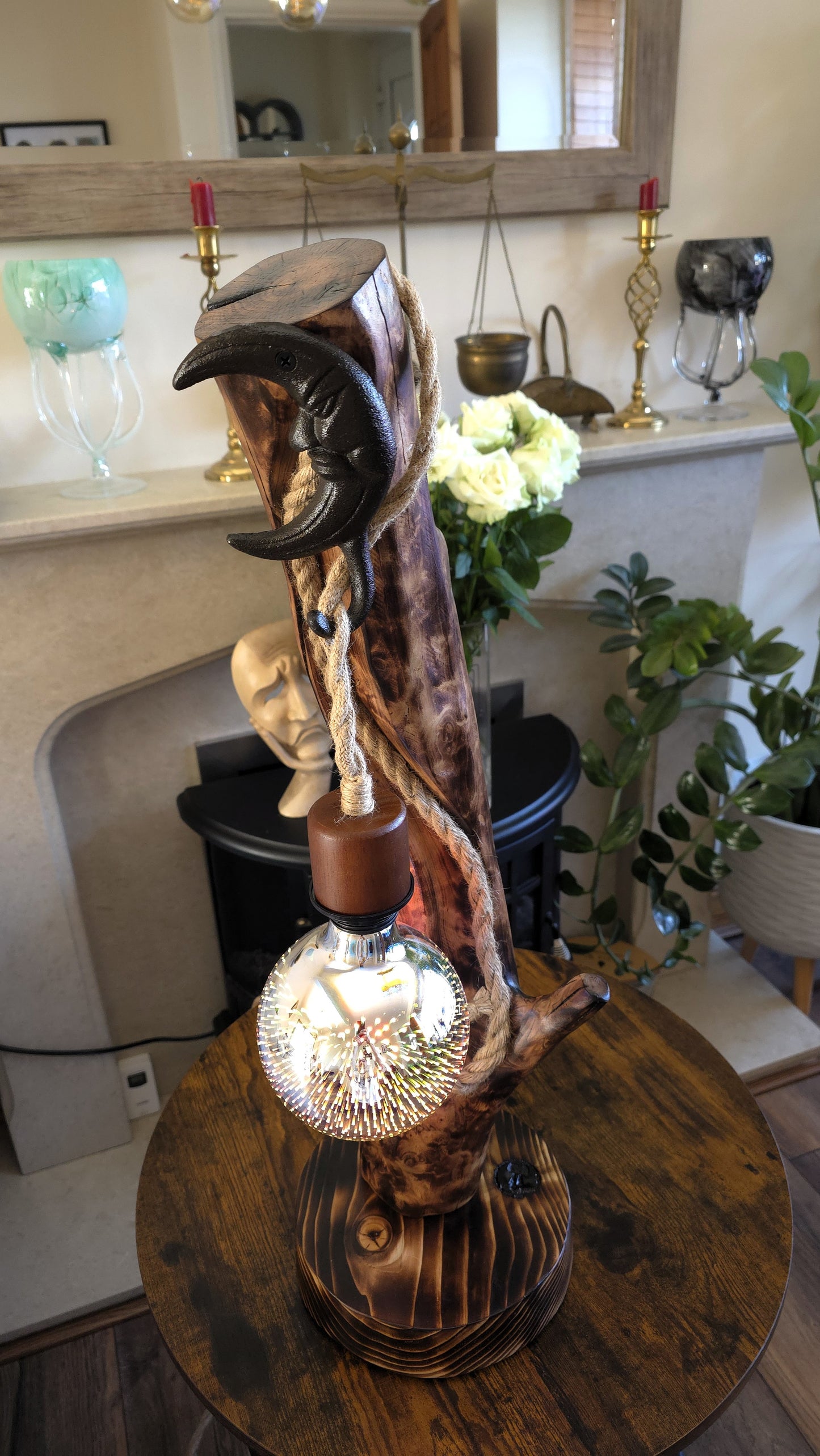 Rustic Apple Wood Moon Lamp – Handmade Wooden Table Lamp with Edison Globe Bulb
