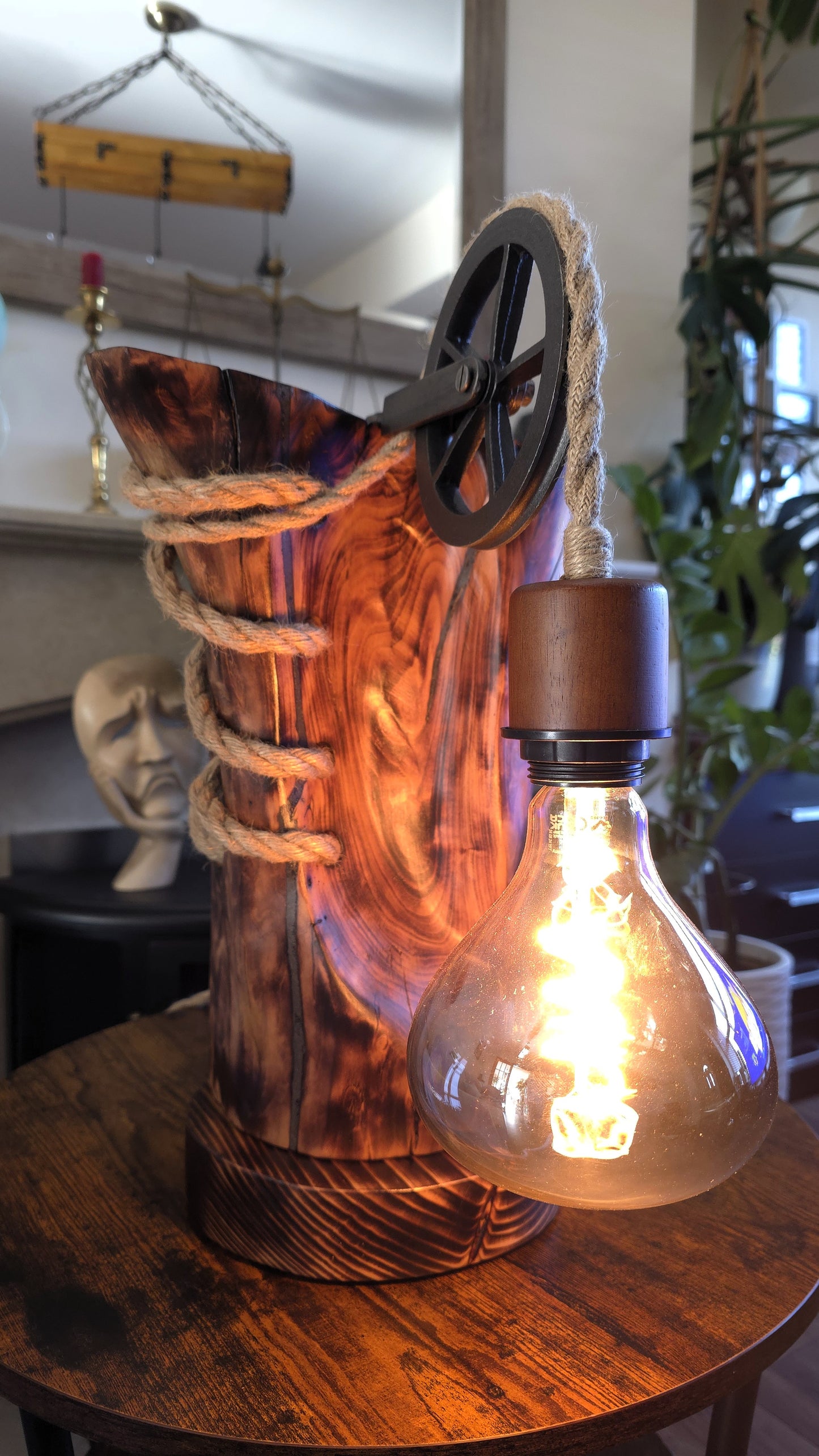Handcrafted Apple Wood Pulley Lamp – Rustic Wooden Table Lamp with Rope & Edison Bulb