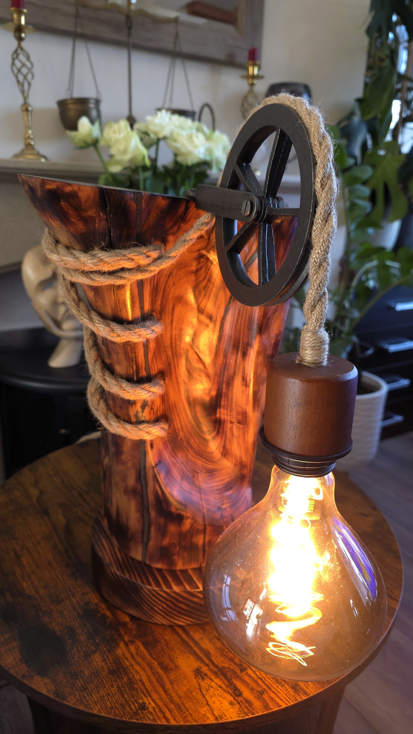 Handcrafted Apple Wood Pulley Lamp – Rustic Wooden Table Lamp with Rope & Edison Bulb