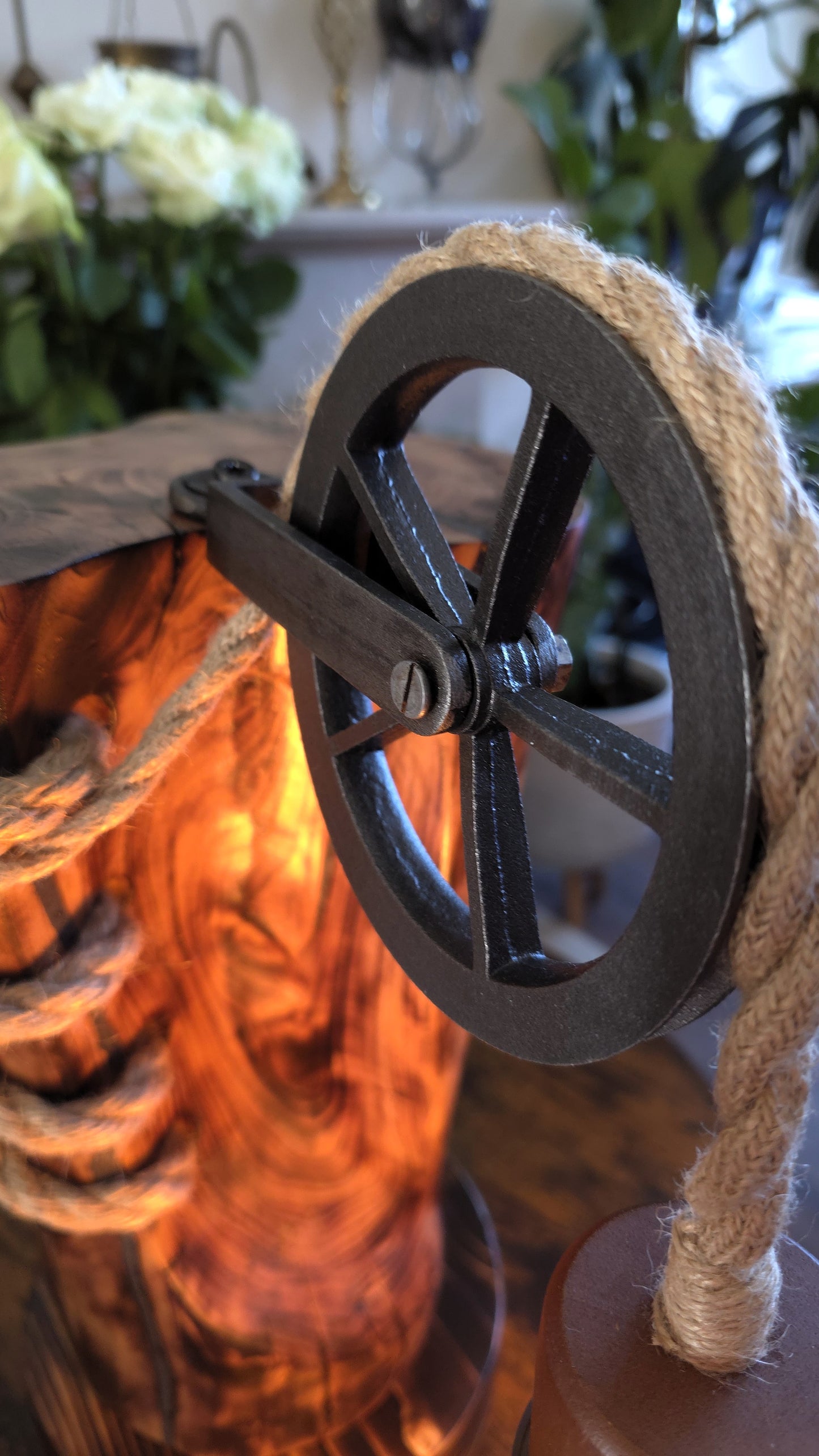 Handcrafted Apple Wood Pulley Lamp – Rustic Wooden Table Lamp with Rope & Edison Bulb