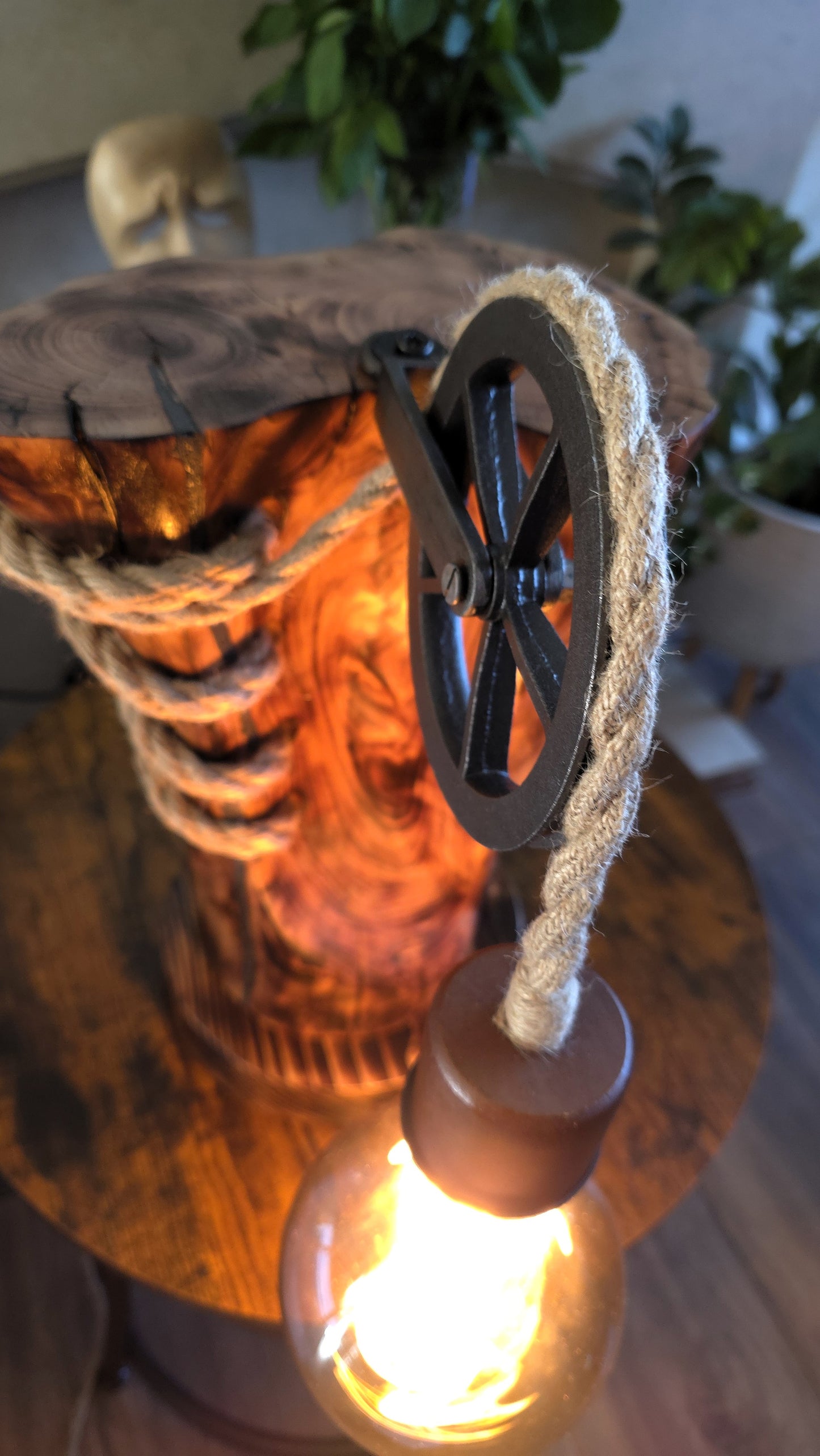 Handcrafted Apple Wood Pulley Lamp – Rustic Wooden Table Lamp with Rope & Edison Bulb