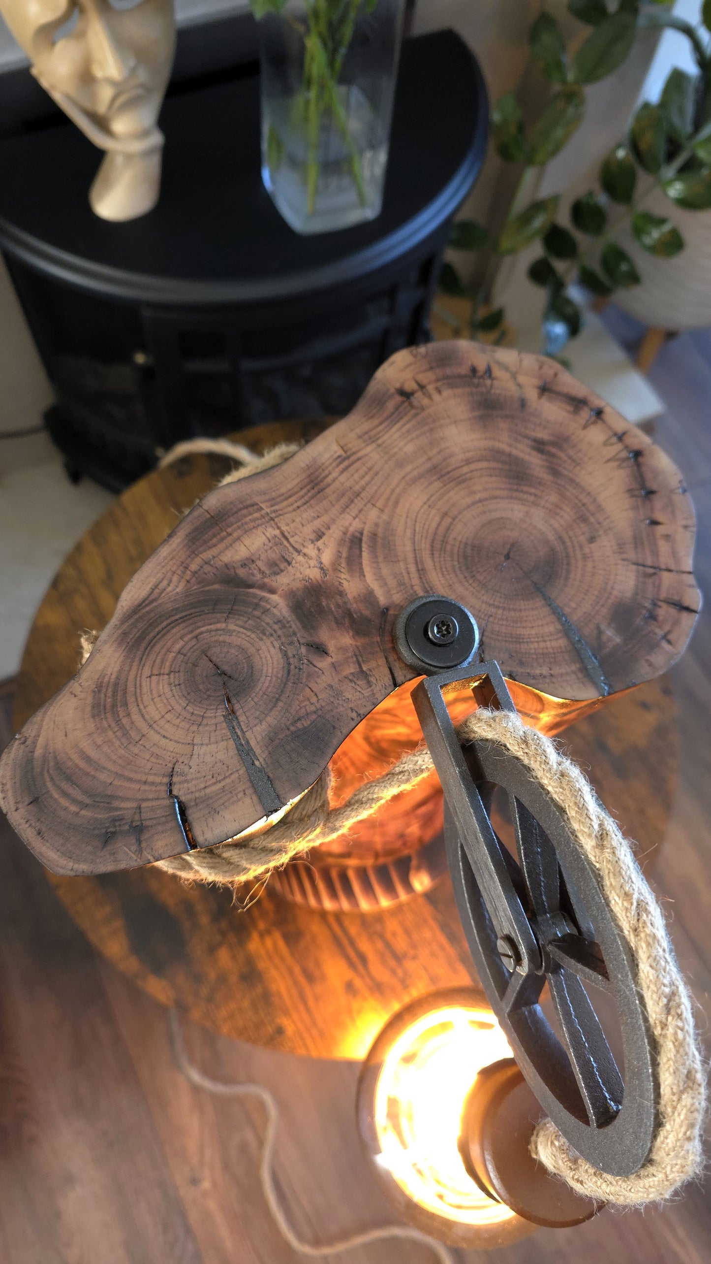 Handcrafted Apple Wood Pulley Lamp – Rustic Wooden Table Lamp with Rope & Edison Bulb