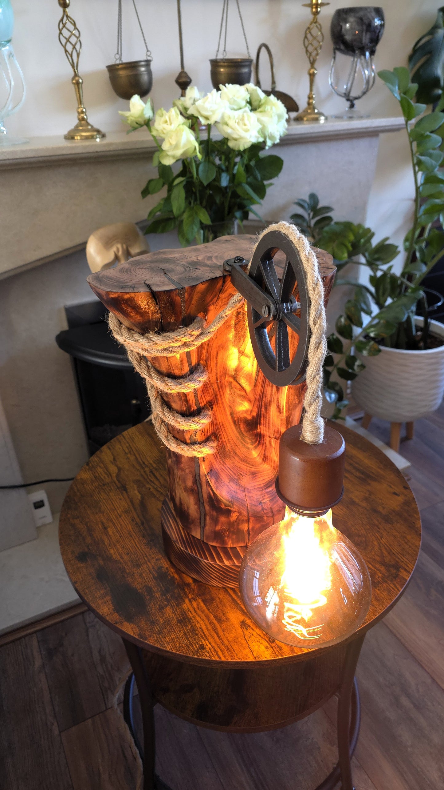 Handcrafted Apple Wood Pulley Lamp – Rustic Wooden Table Lamp with Rope & Edison Bulb