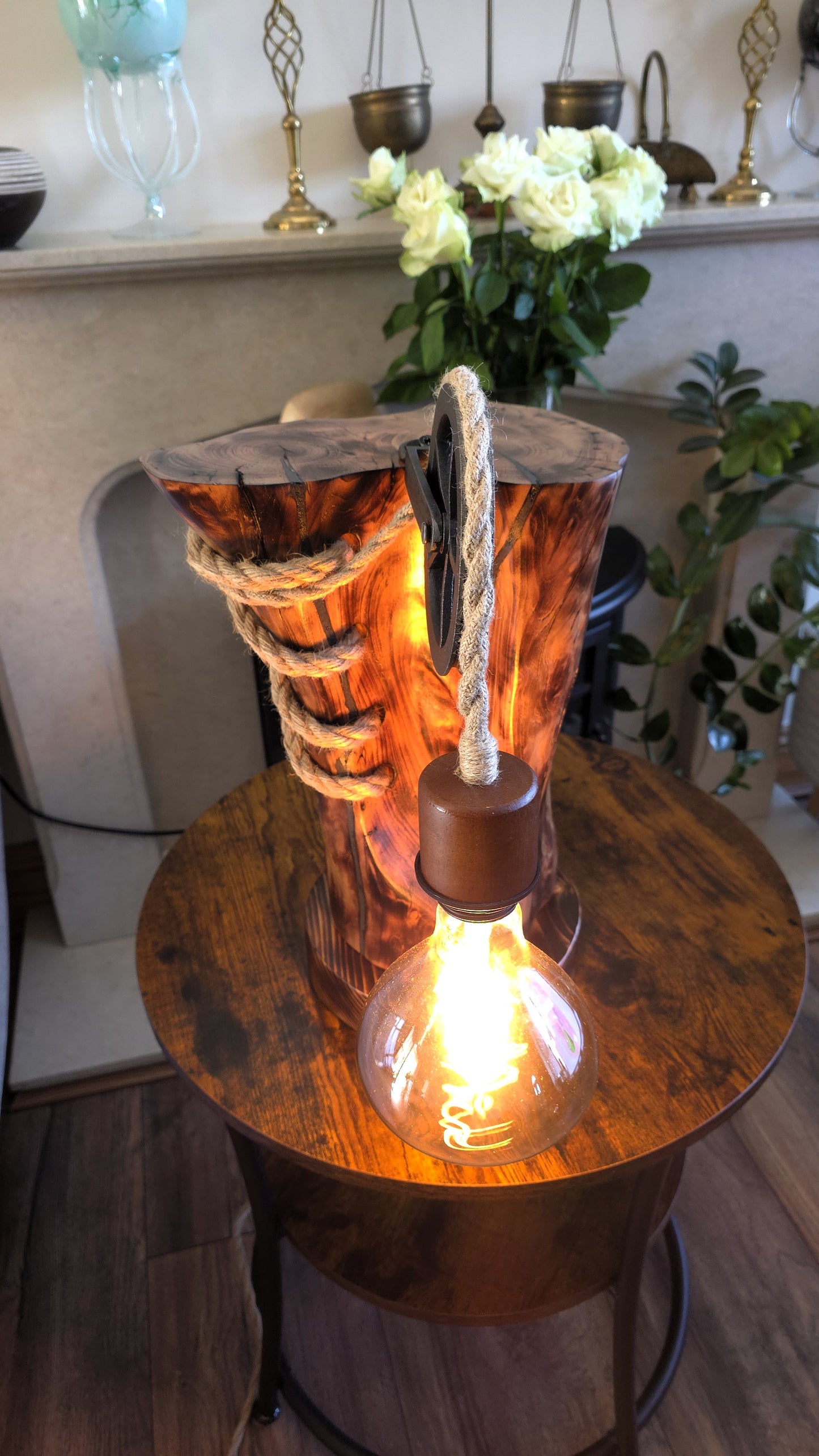 Handcrafted Apple Wood Pulley Lamp – Rustic Wooden Table Lamp with Rope & Edison Bulb