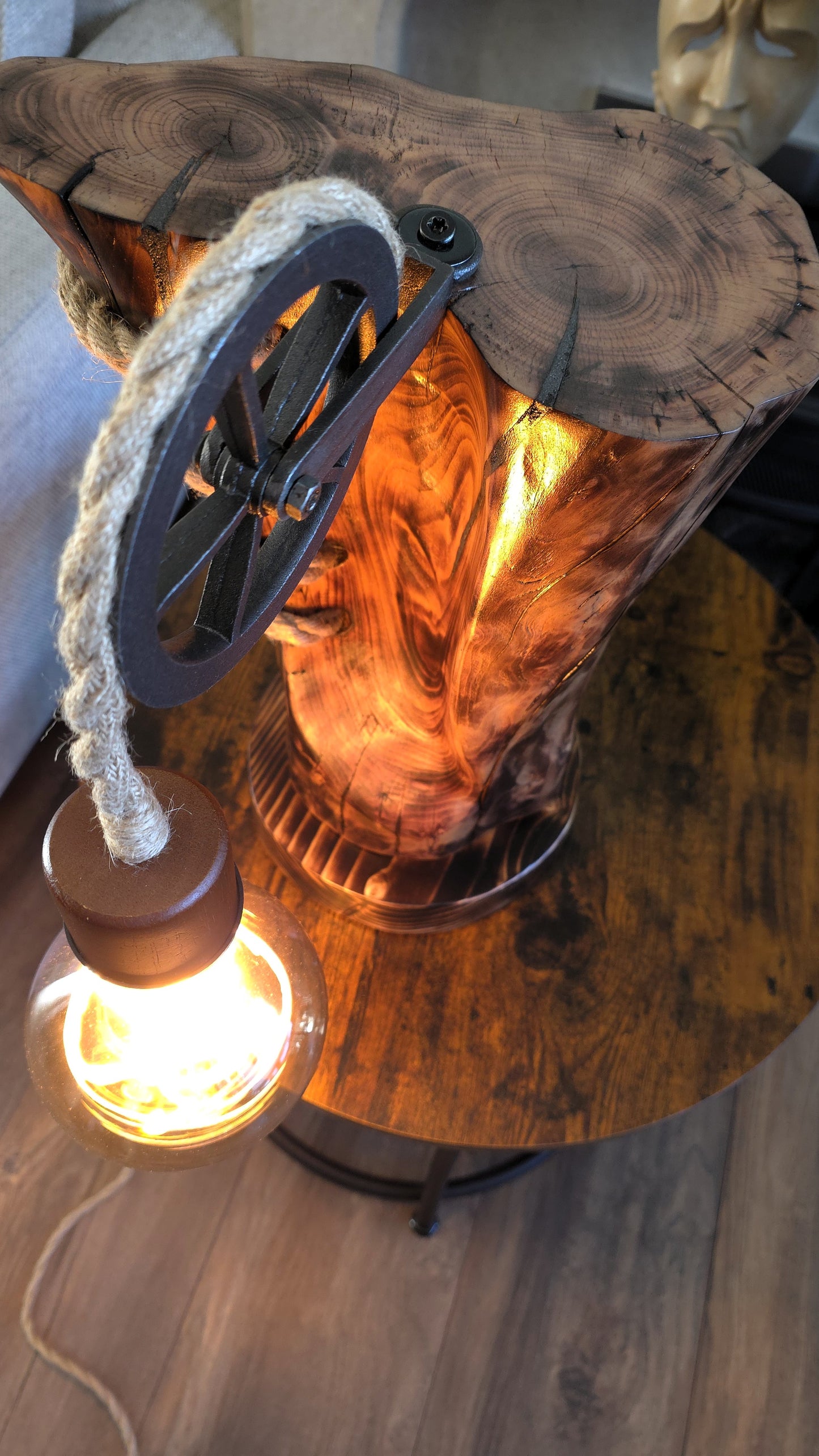 Handcrafted Apple Wood Pulley Lamp – Rustic Wooden Table Lamp with Rope & Edison Bulb