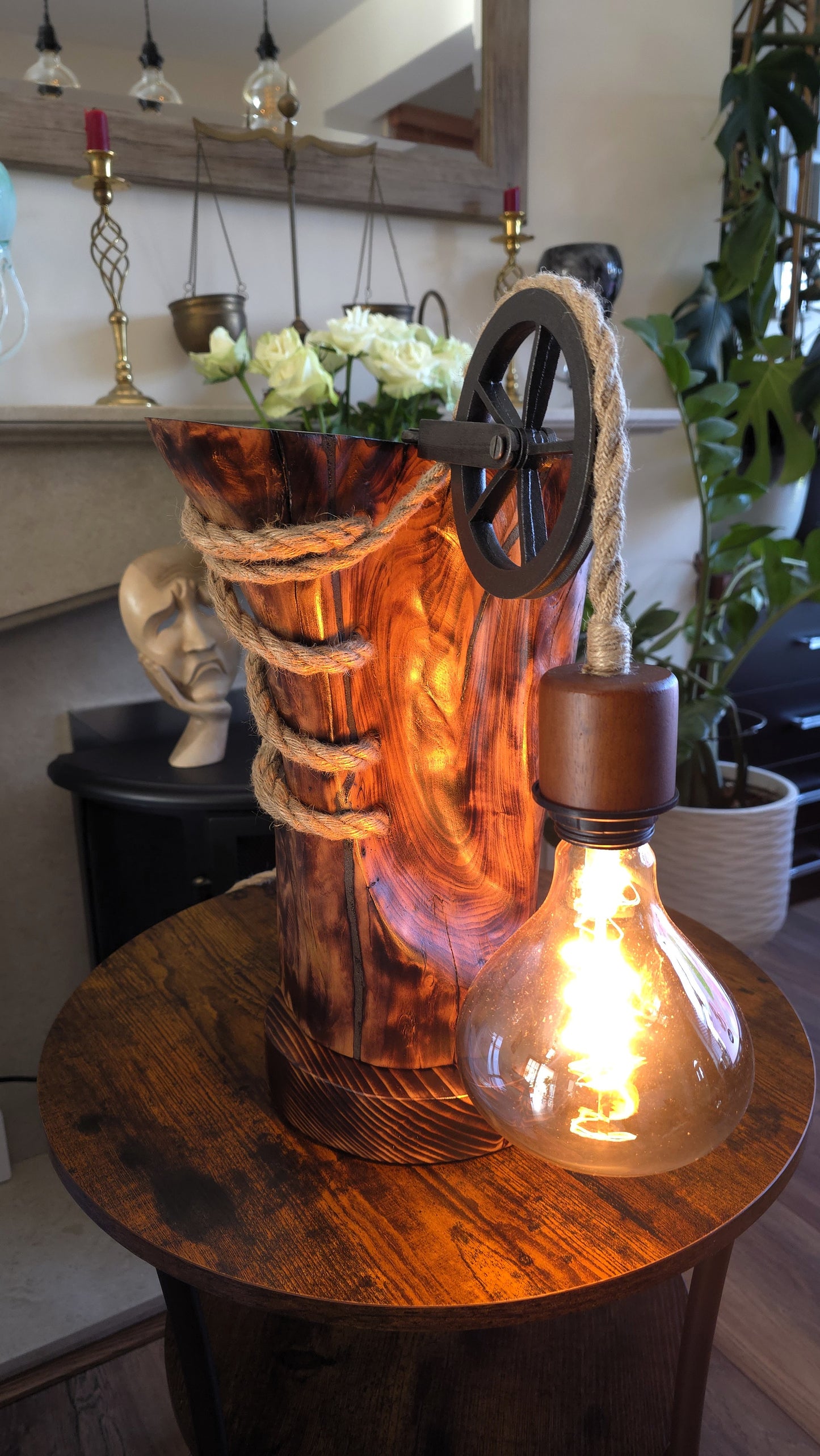 Handcrafted Apple Wood Pulley Lamp – Rustic Wooden Table Lamp with Rope & Edison Bulb