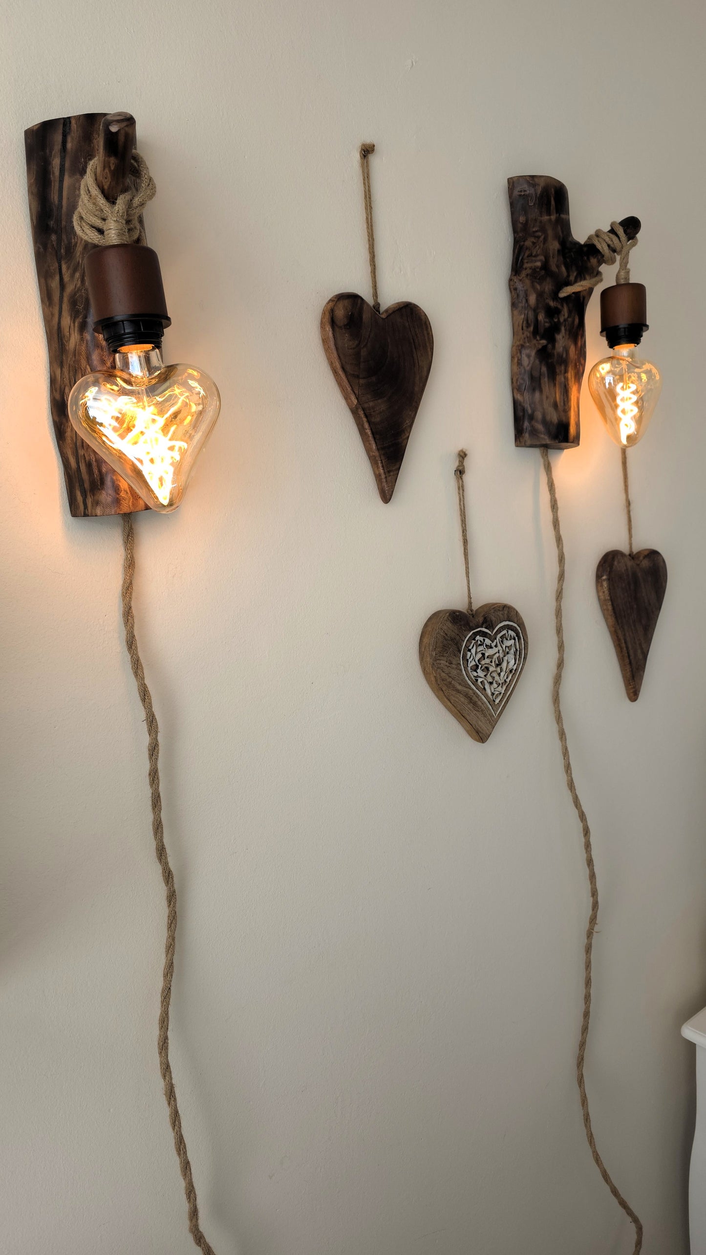 Set of 2 Rustic Apple Wood Wall Sconces – Handmade Plug-In Wall Lamps with Heart Edison Bulbs