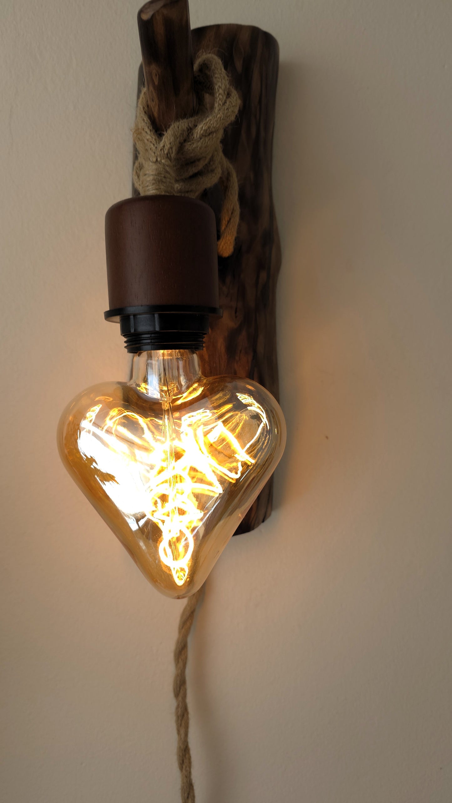 Set of 2 Rustic Apple Wood Wall Sconces – Handmade Plug-In Wall Lamps with Heart Edison Bulbs