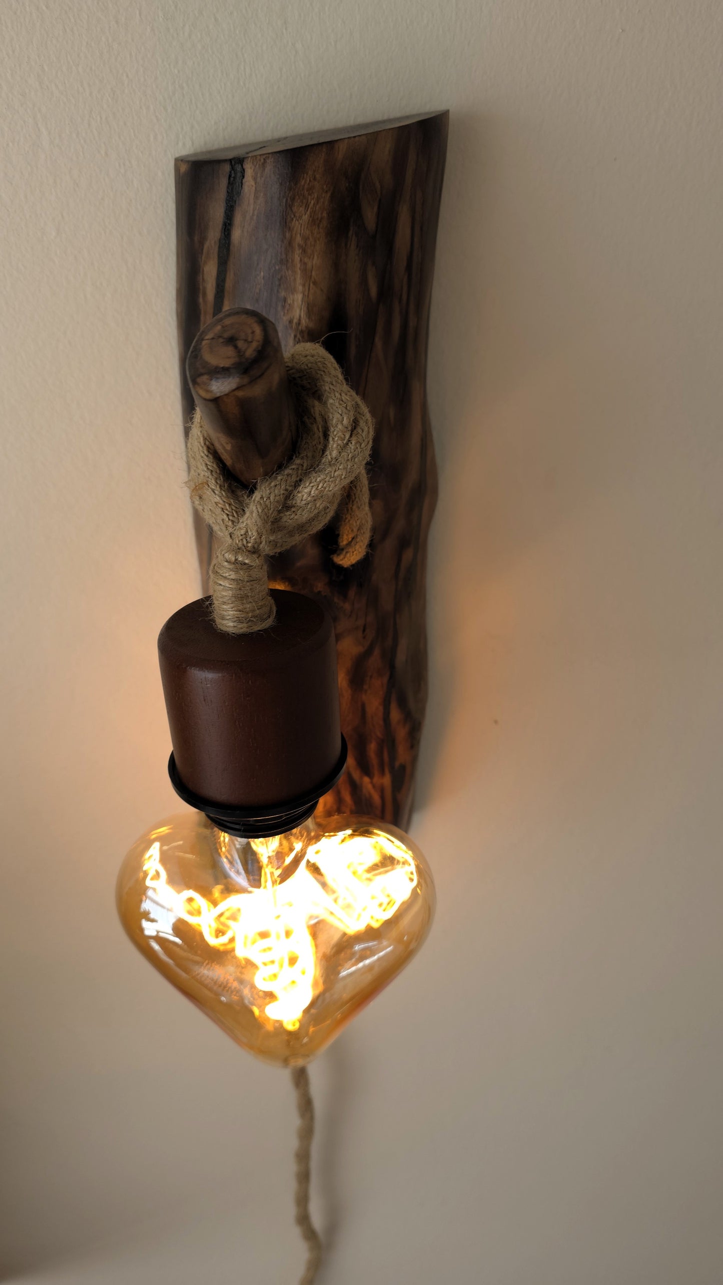 Set of 2 Rustic Apple Wood Wall Sconces – Handmade Plug-In Wall Lamps with Heart Edison Bulbs