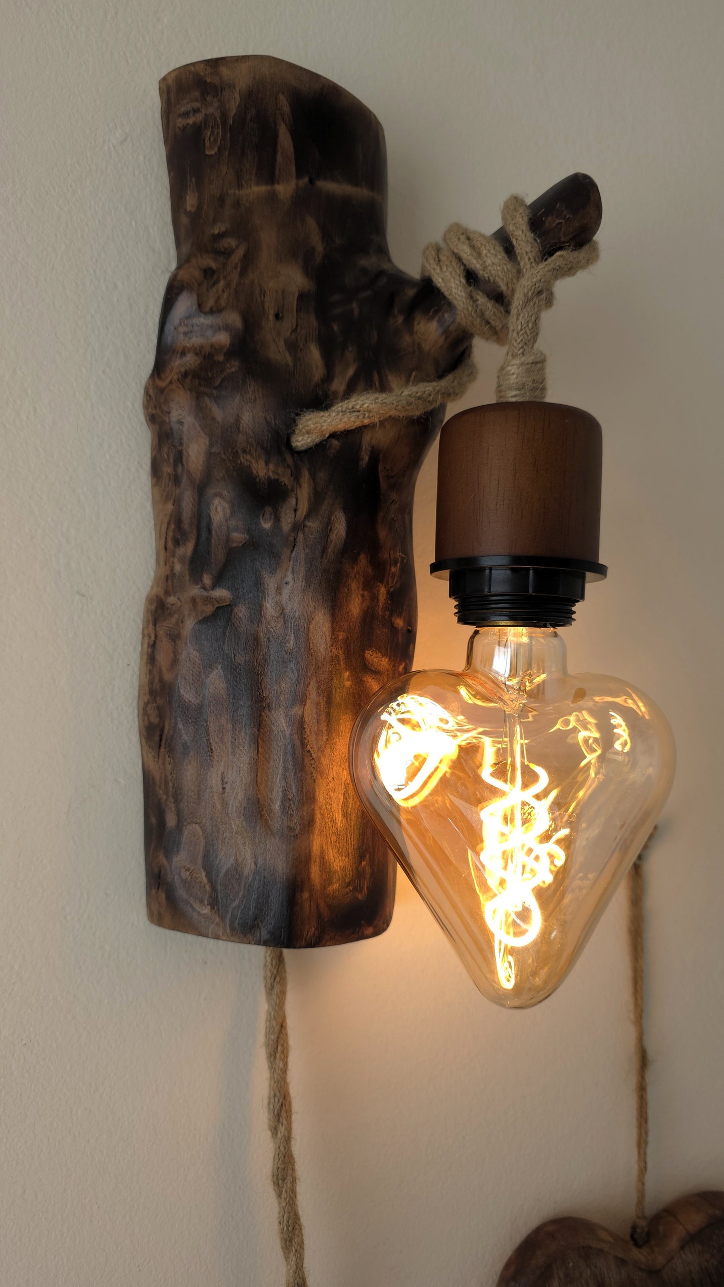 Set of 2 Rustic Apple Wood Wall Sconces – Handmade Plug-In Wall Lamps with Heart Edison Bulbs