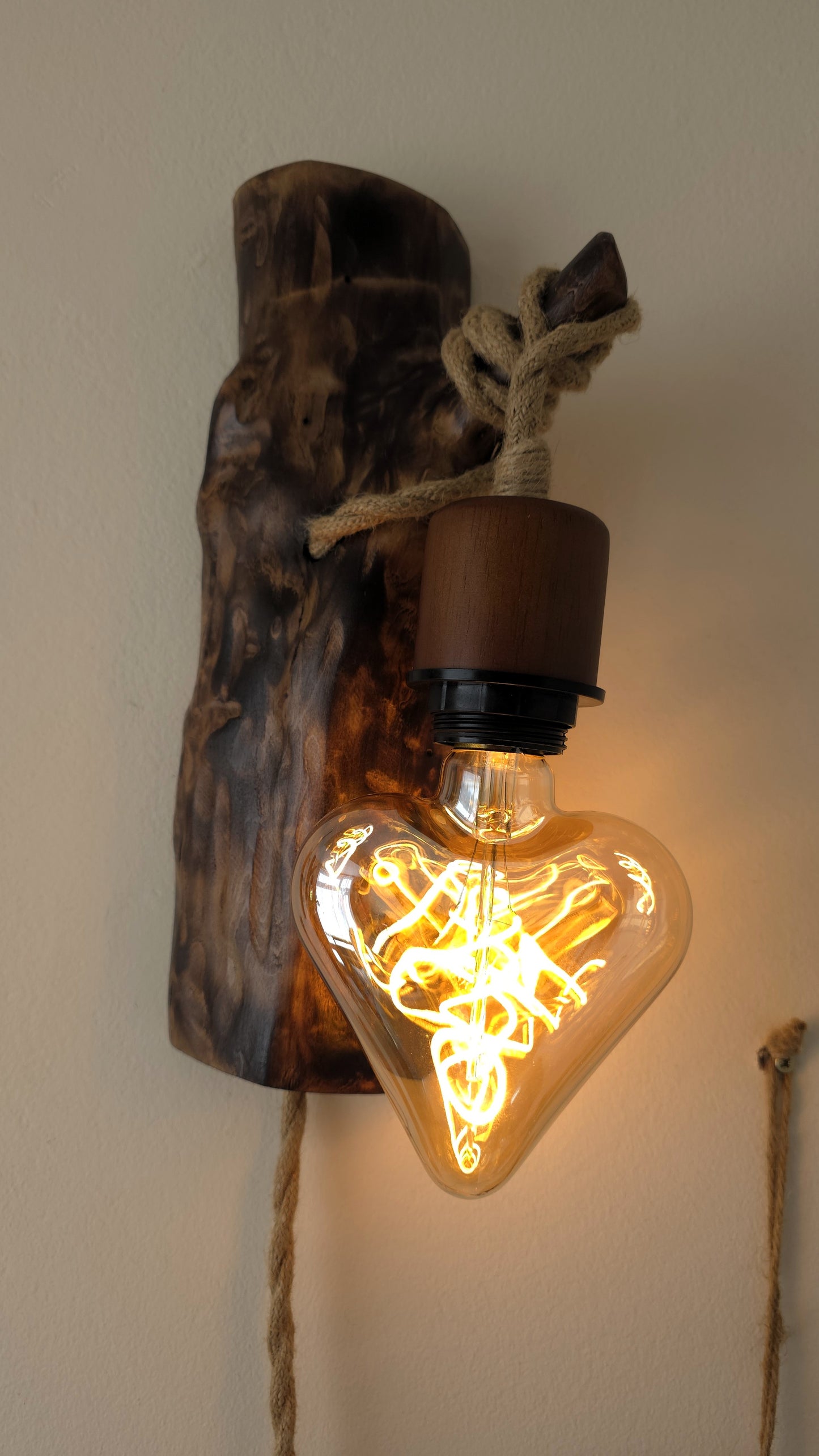 Set of 2 Rustic Apple Wood Wall Sconces – Handmade Plug-In Wall Lamps with Heart Edison Bulbs