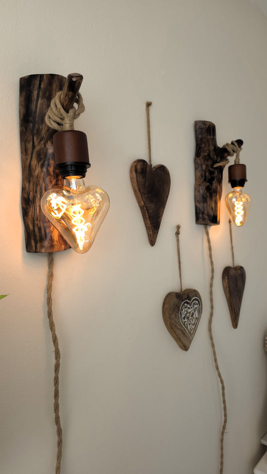 Set of 2 Rustic Apple Wood Wall Sconces – Handmade Plug-In Wall Lamps with Heart Edison Bulbs
