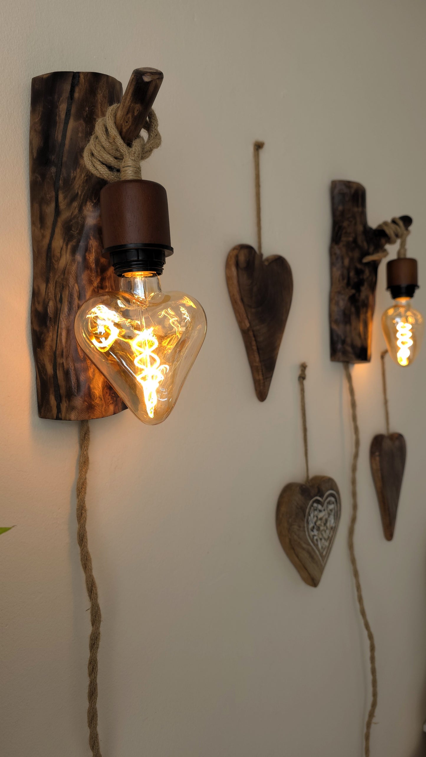 Set of 2 Rustic Apple Wood Wall Sconces – Handmade Plug-In Wall Lamps with Heart Edison Bulbs