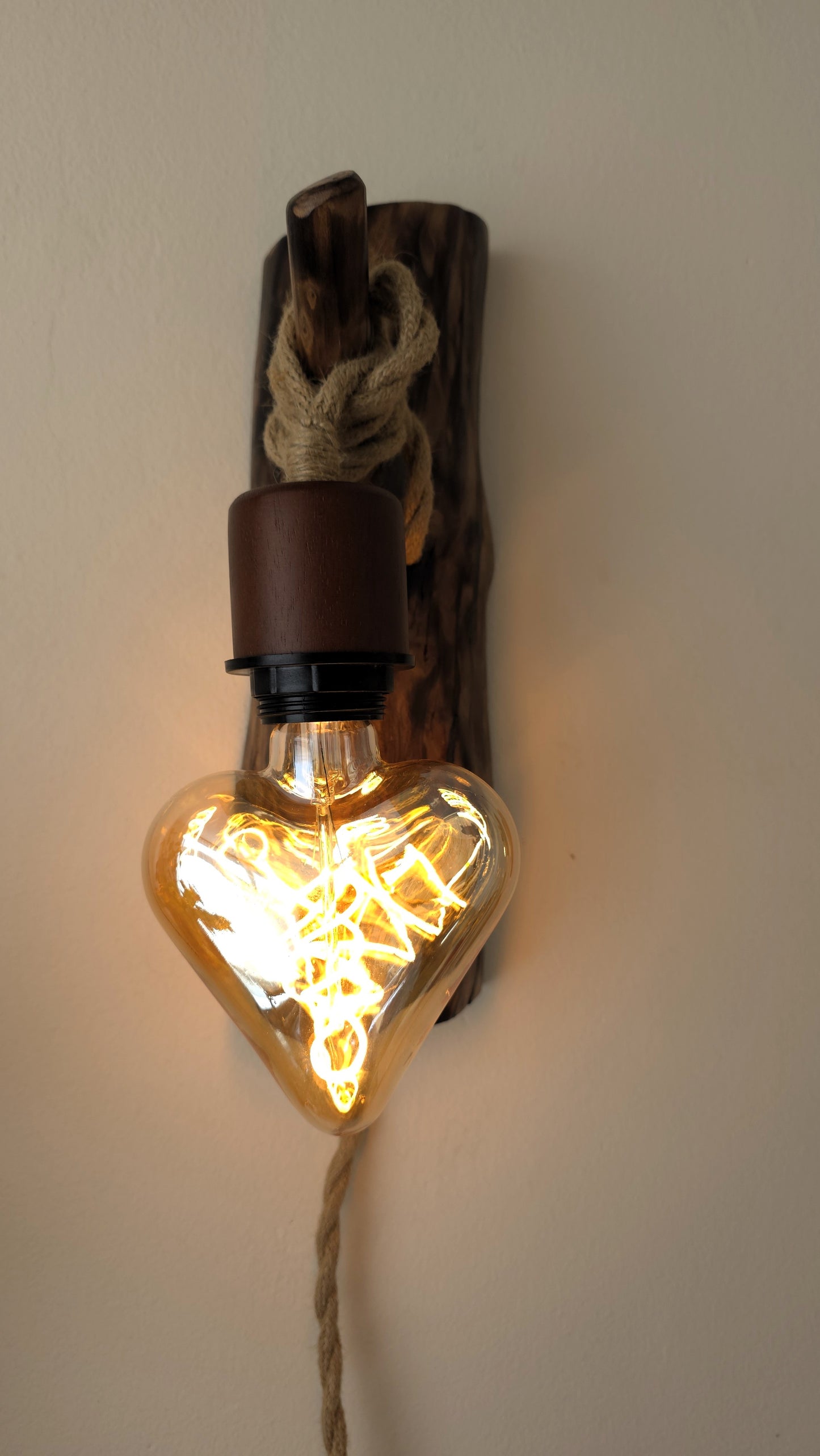 Set of 2 Rustic Apple Wood Wall Sconces – Handmade Plug-In Wall Lamps with Heart Edison Bulbs