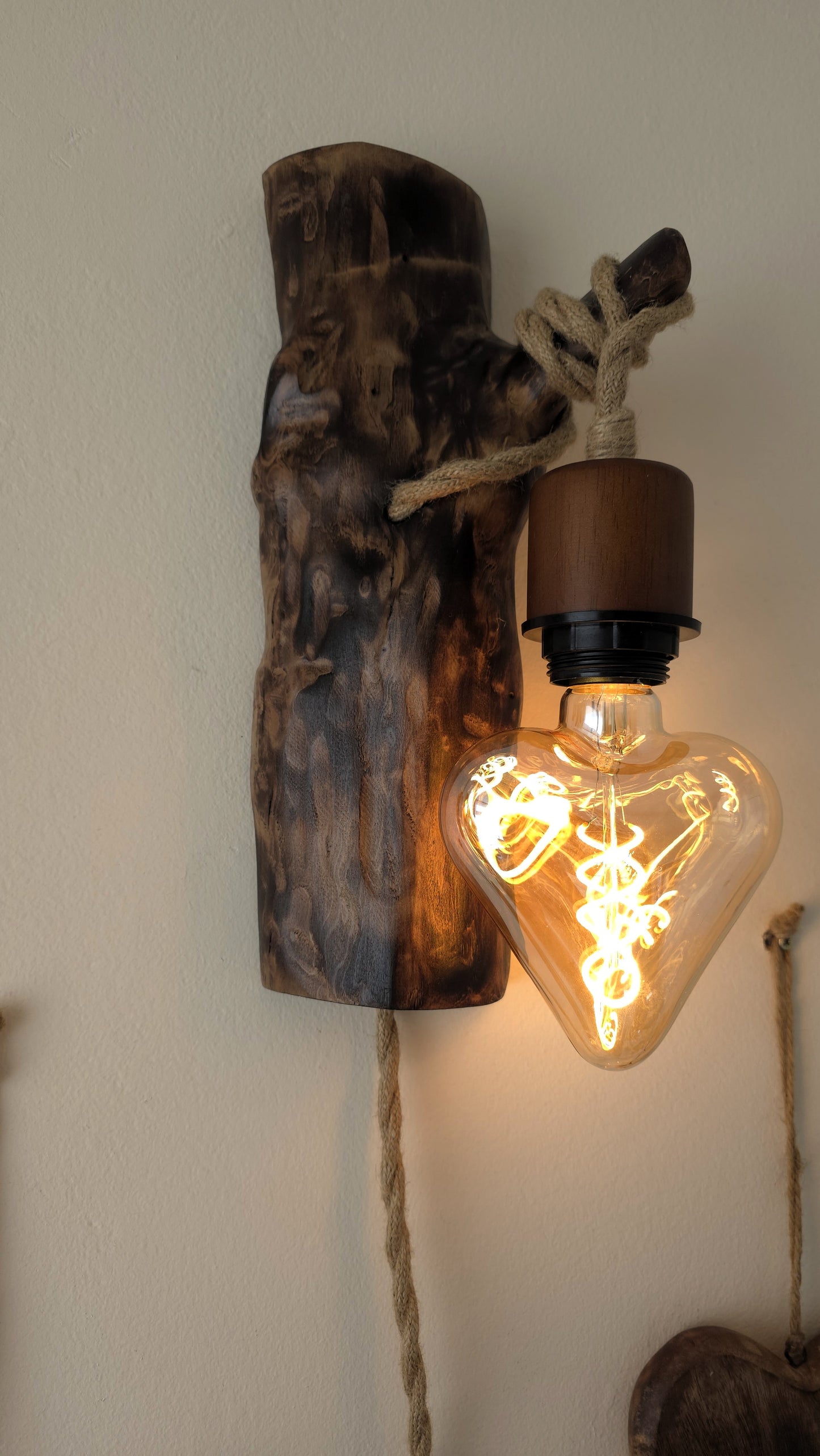 Set of 2 Rustic Apple Wood Wall Sconces – Handmade Plug-In Wall Lamps with Heart Edison Bulbs