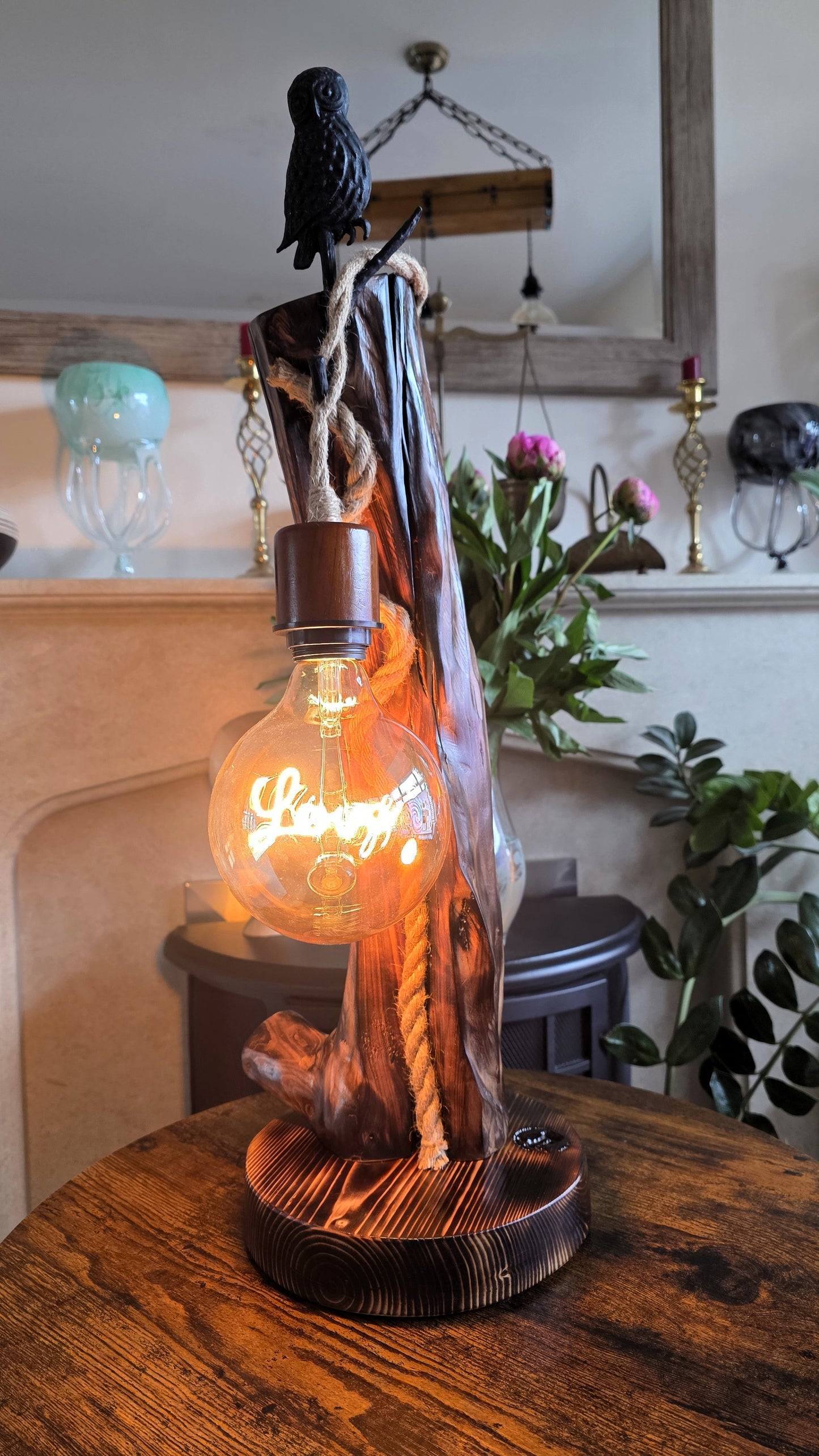 Rustic Owl Glow Lamp – Handcrafted Wooden Table Lamp with Love Bulb