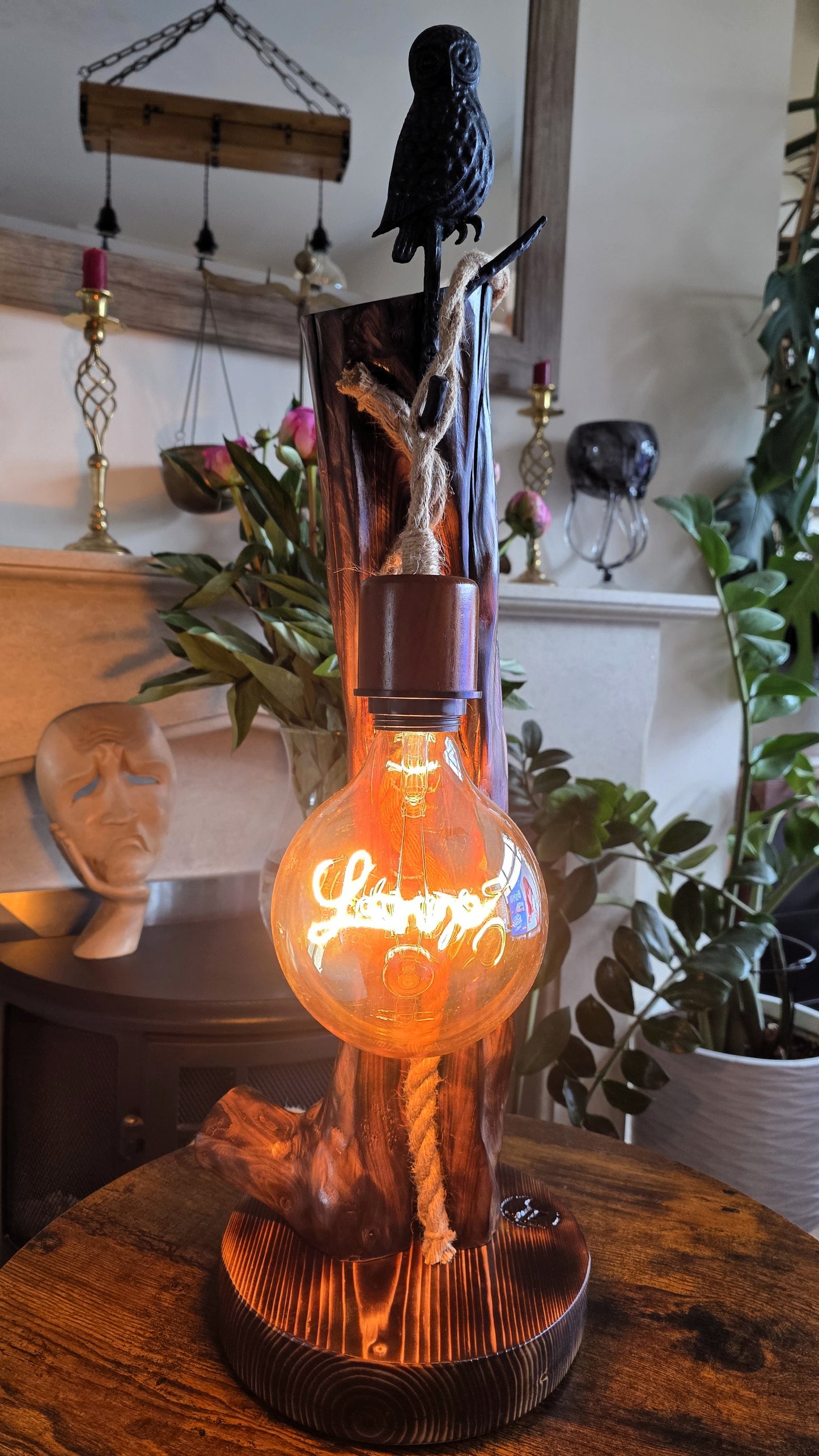 Rustic Owl Glow Lamp – Handcrafted Wooden Table Lamp with Love Bulb